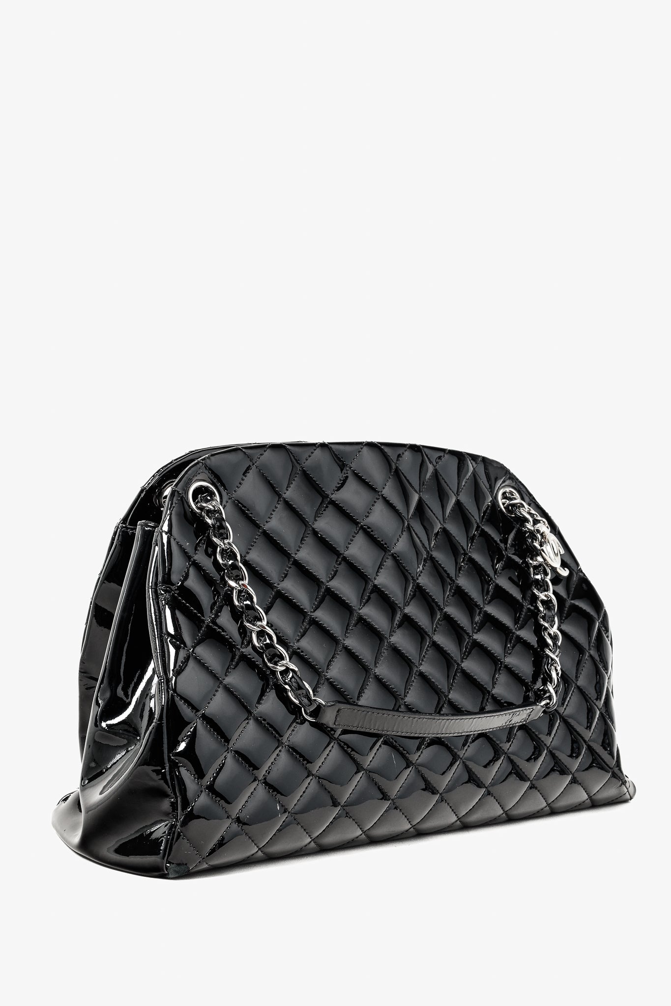 Chanel Just Mademoiselle Large Black Quilted Patent Leather Keychain