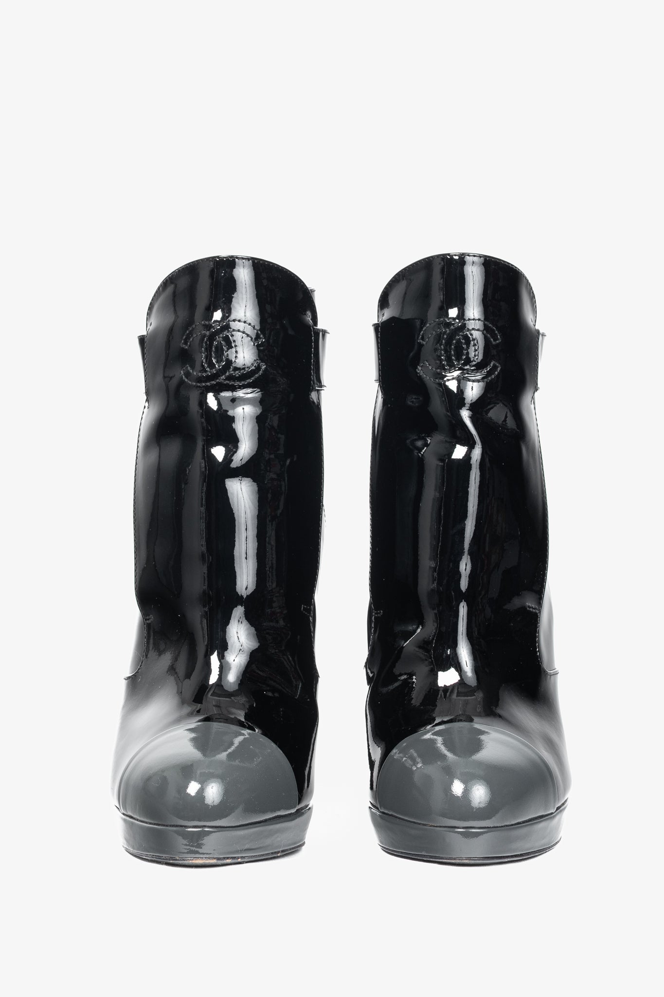 Chanel Black Patent Leather Cap-Toe Platform Booties