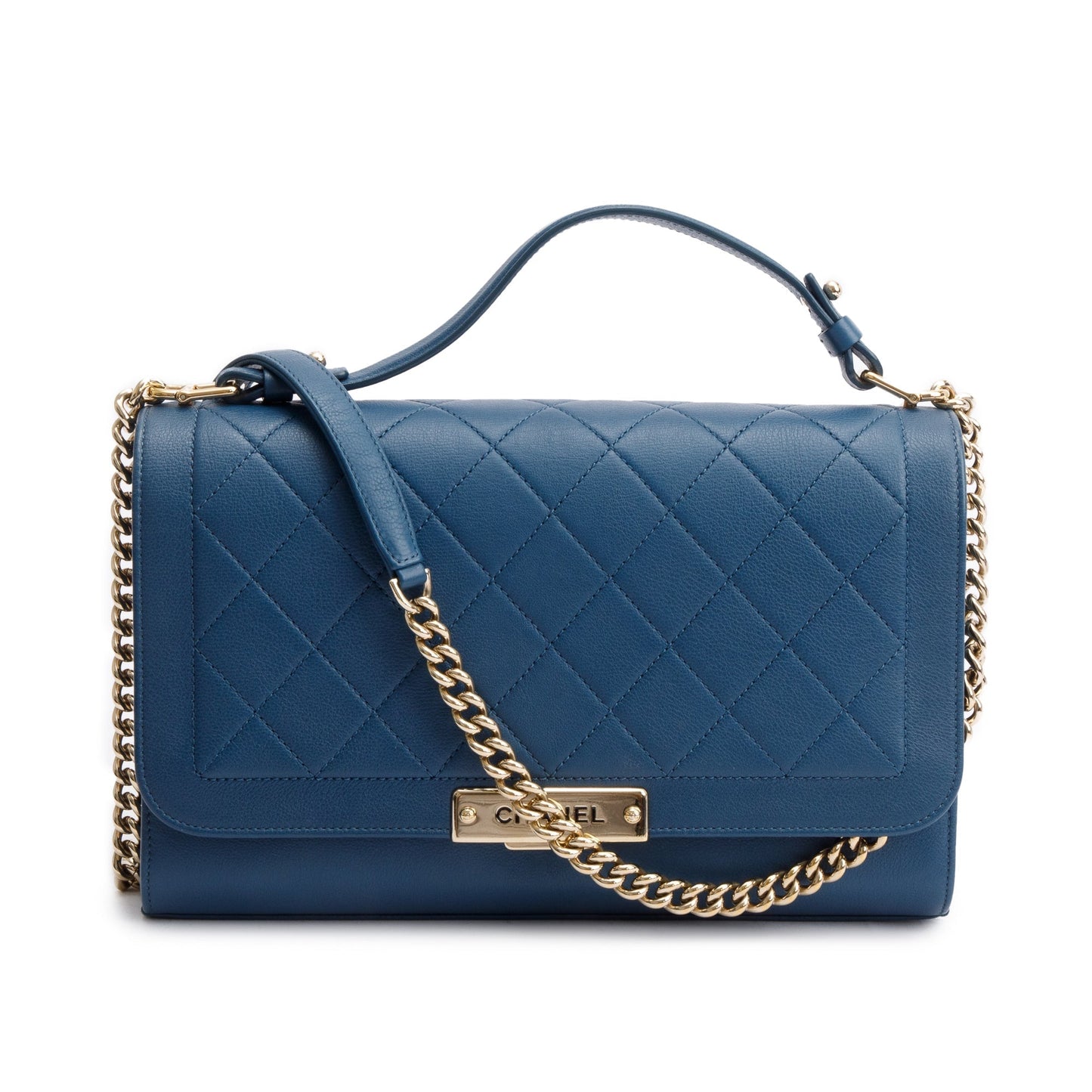 Chanel Label Click Flap Leather Calfskin Blue Travel Bag
