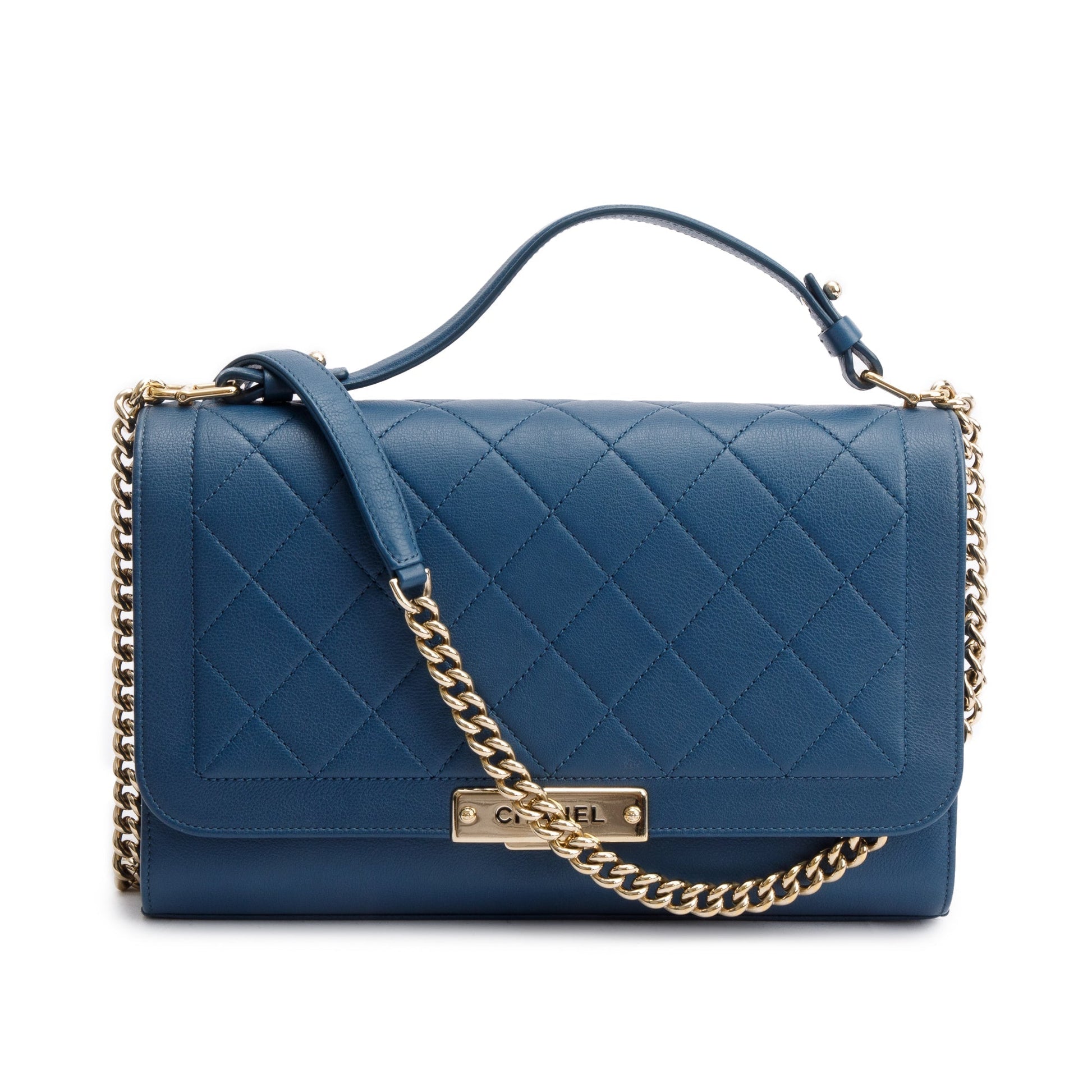 Chanel Label Click Flap Leather Calfskin Blue Travel Bag