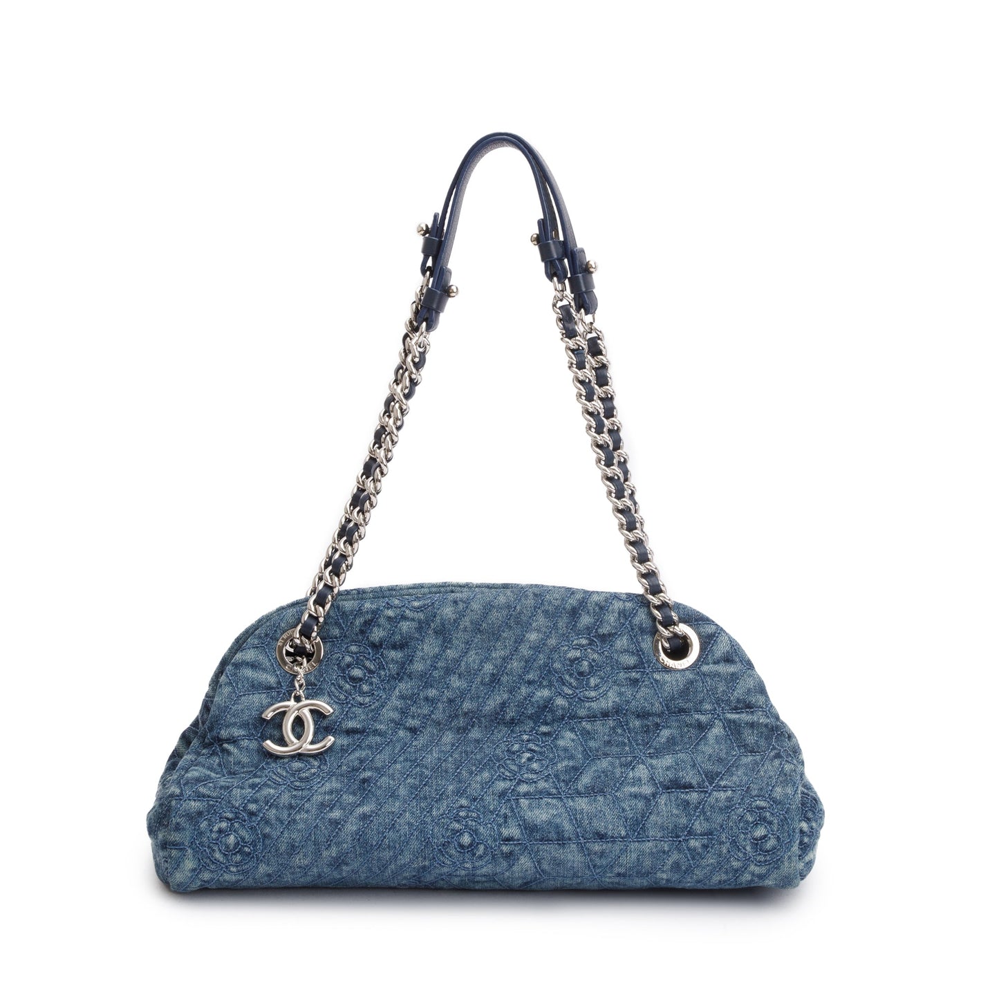 Chanel Camellia Denim Just Mademoiselle Bowler Blue Travel Bag