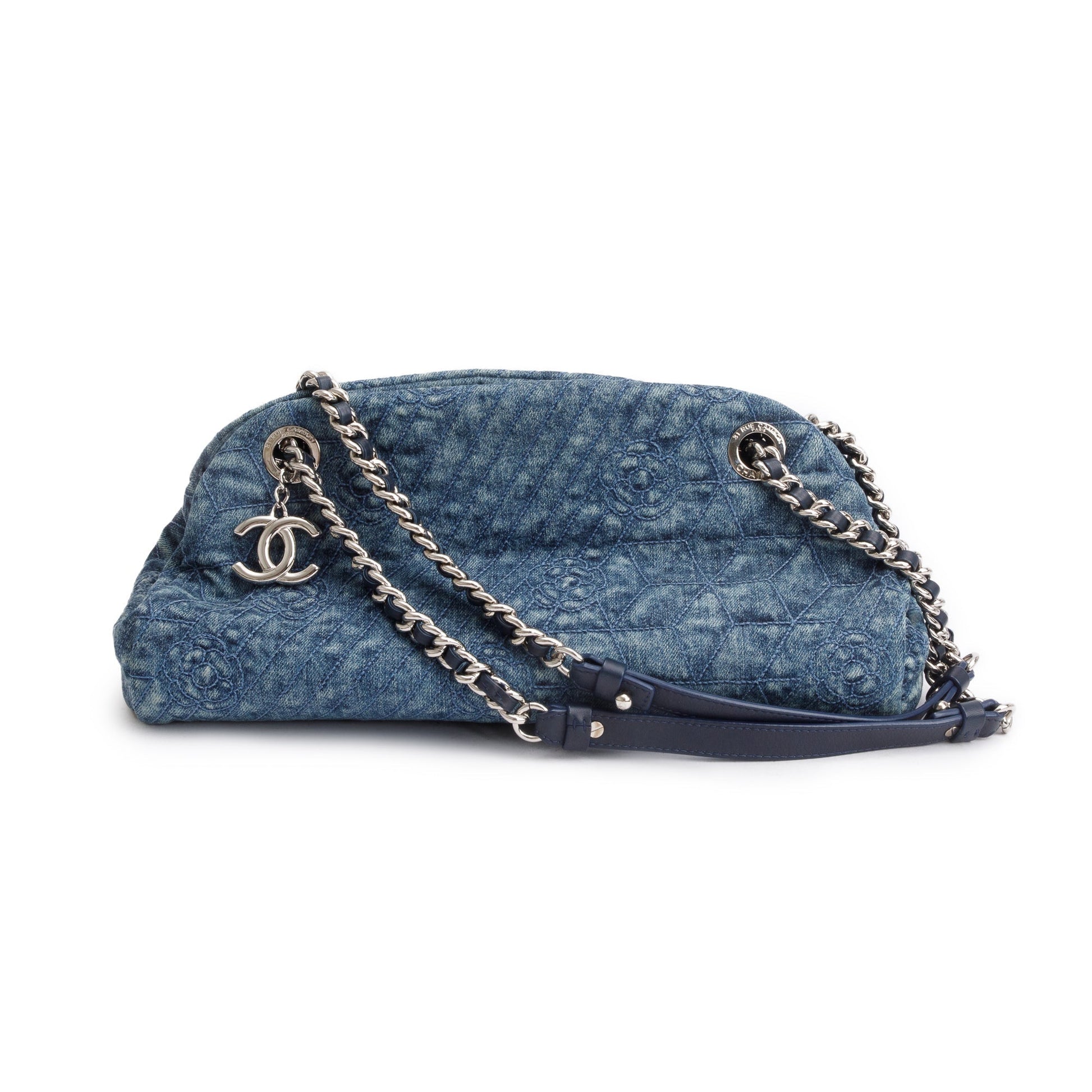 Chanel Camellia Denim Just Mademoiselle Bowler Blue Travel Bag