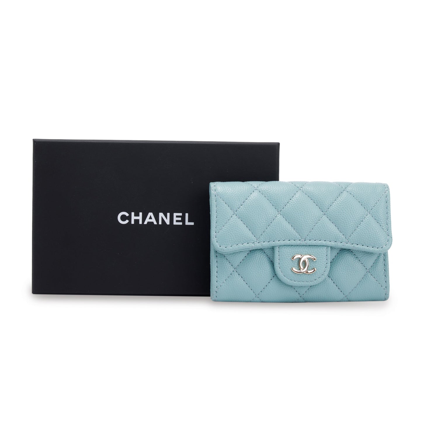 Chanel Caviar Classic Flap Card Holder Blue Wallet Case