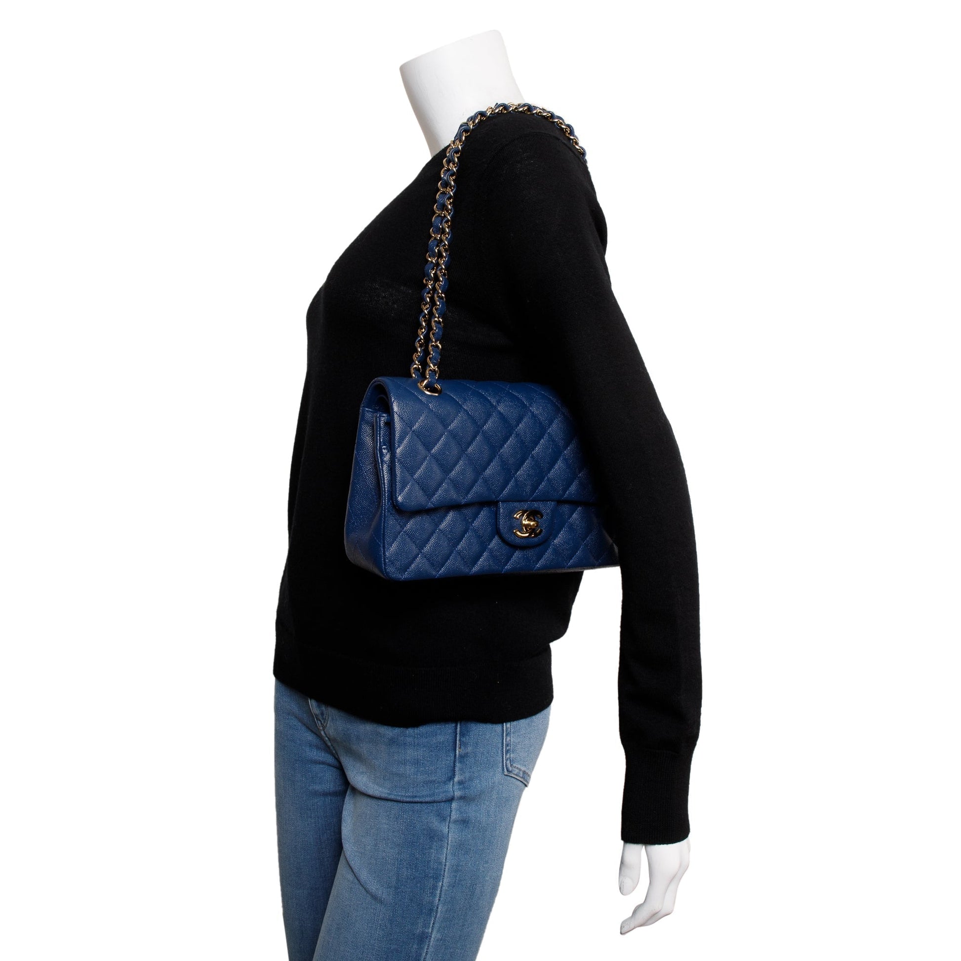 Chanel Caviar Classic Double Flap Leather Blue Travel Bag