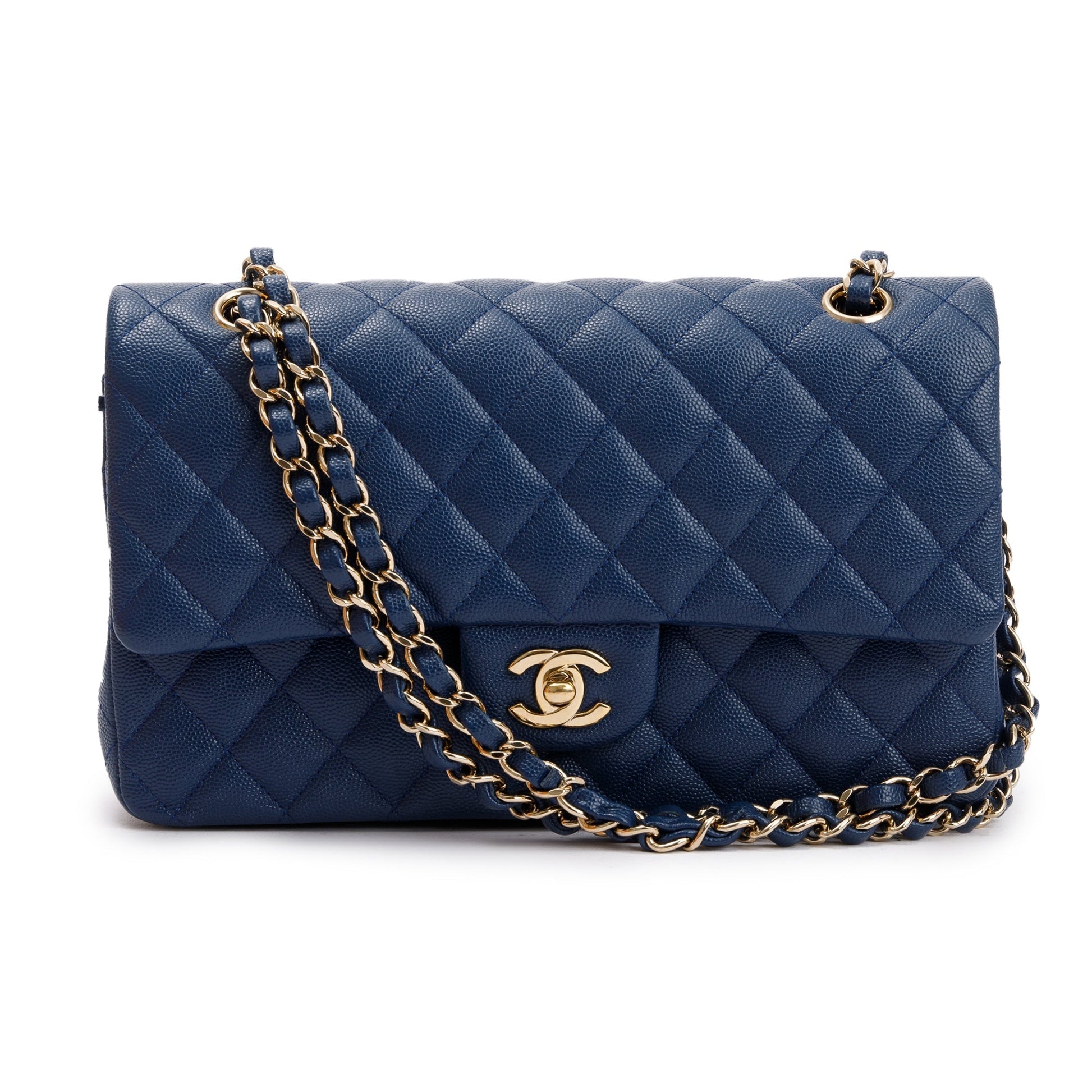 Chanel Caviar Classic Double Flap Leather Blue Travel Bag