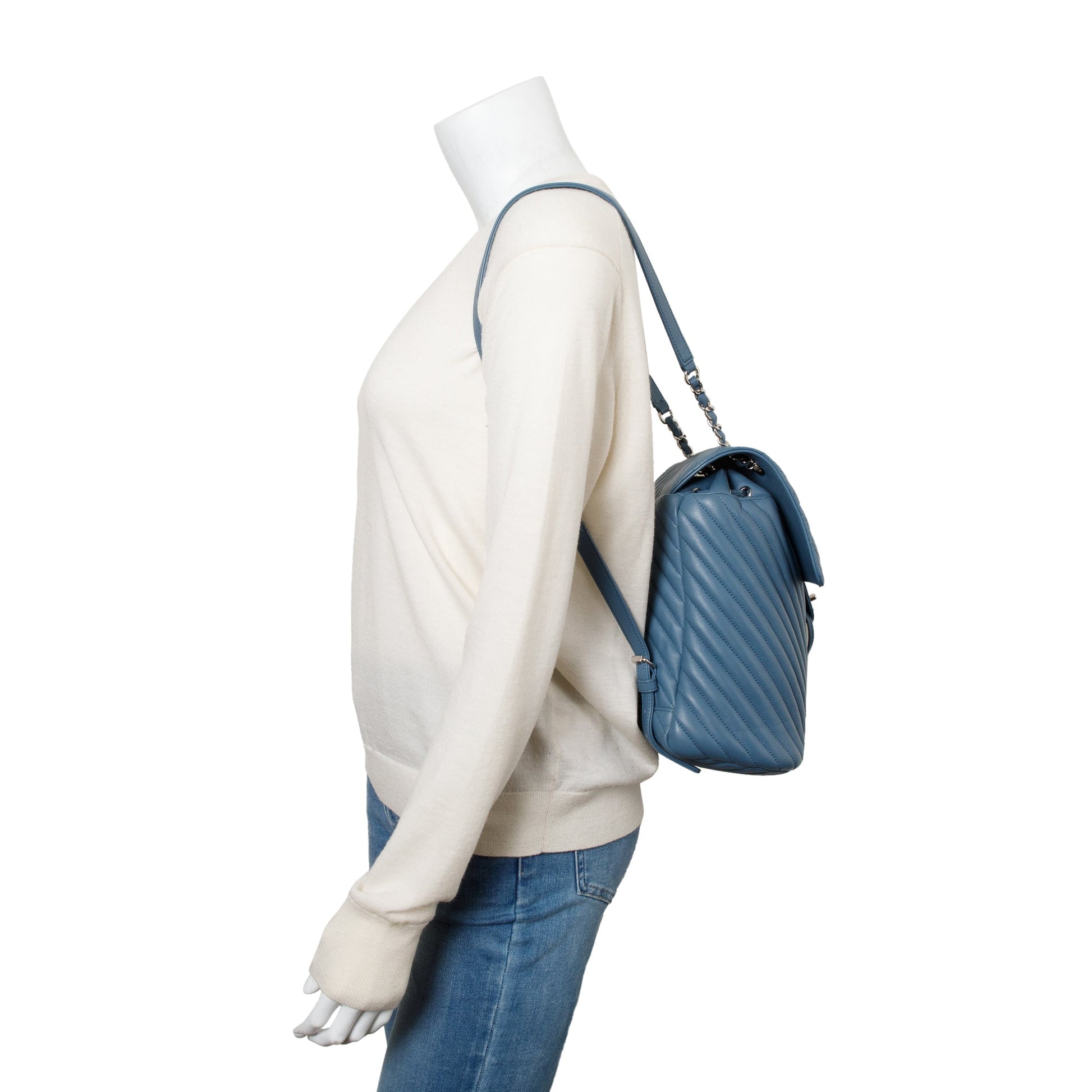 Chanel Chevron Quilted Urban Spirit Backpack Leather Lambskin Blue Travel Bag