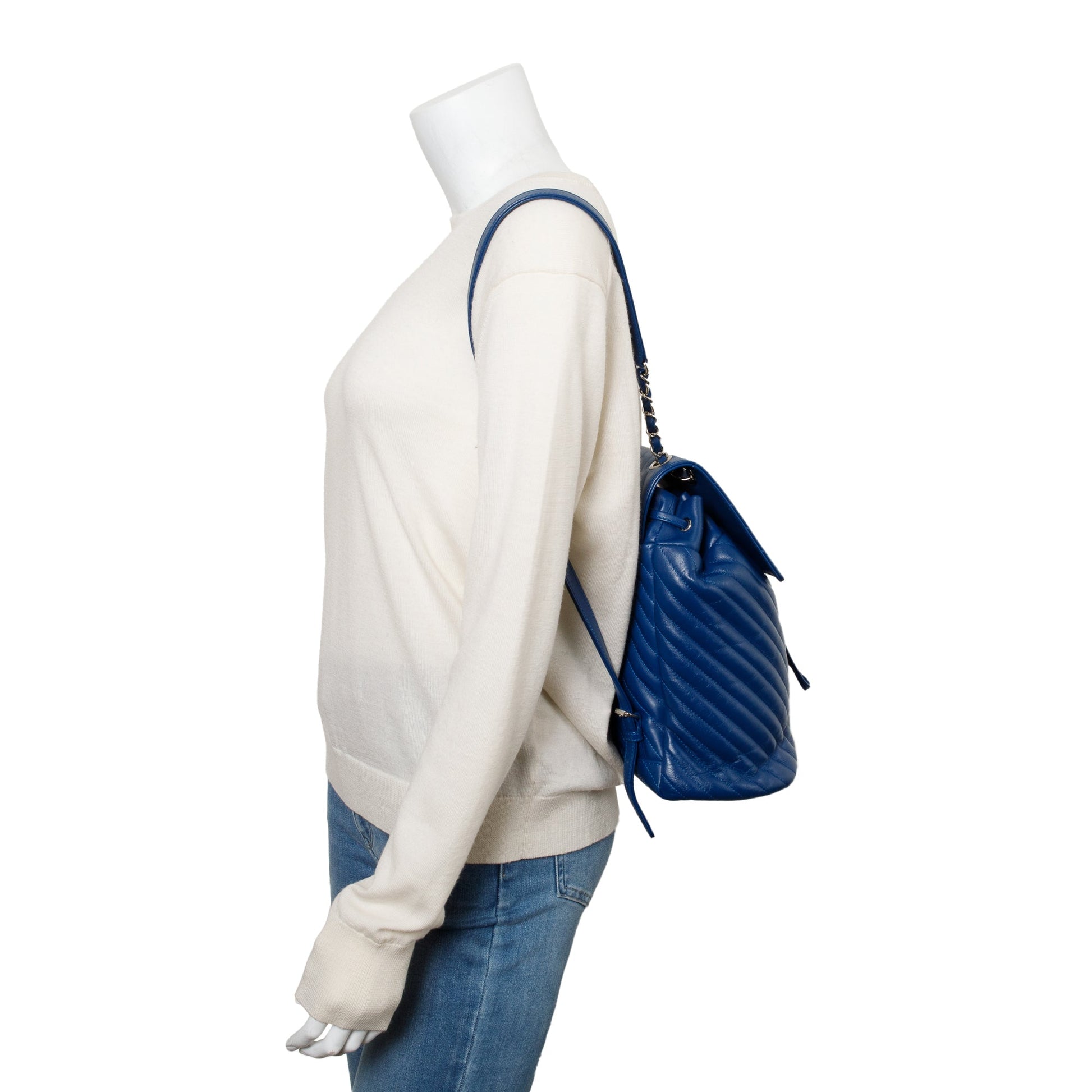 Chanel Chevron Quilted Urban Spirit Backpack Leather Lambskin Blue Travel Bag Authenticity Card