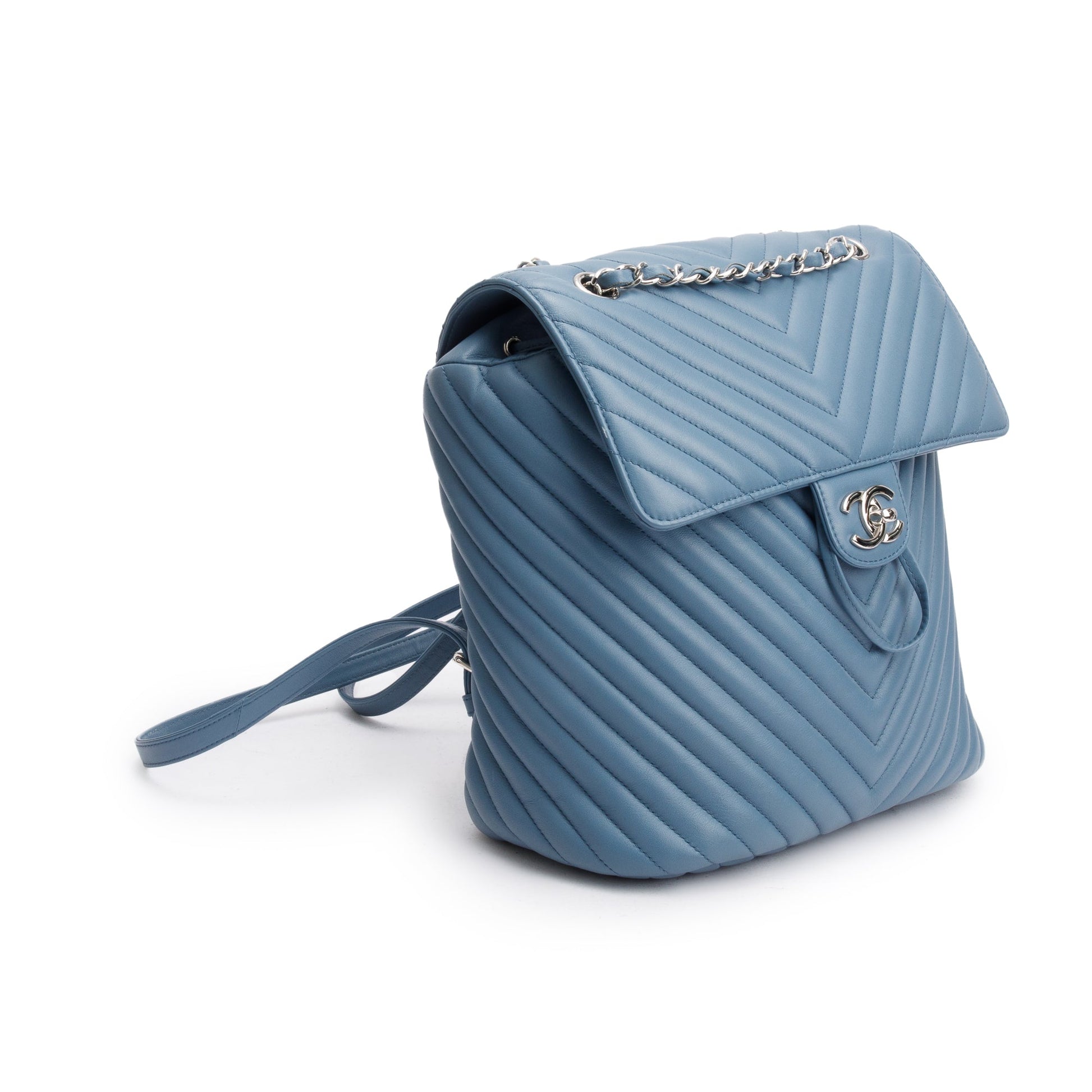 Chanel Chevron Quilted Urban Spirit Backpack Leather Lambskin Blue Travel Bag