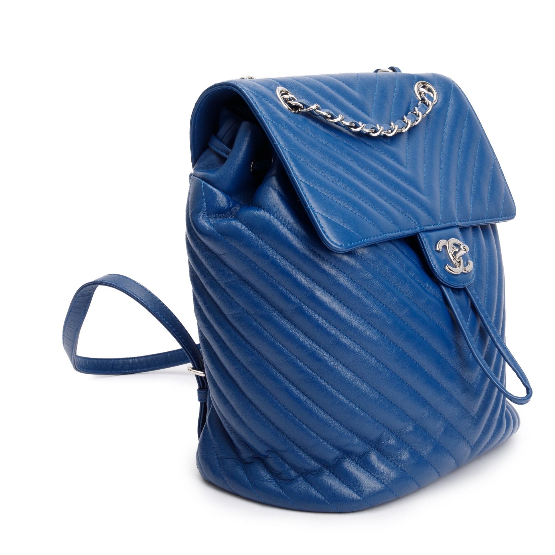 Chanel Chevron Quilted Urban Spirit Backpack Leather Lambskin Blue Travel Bag Authenticity Card