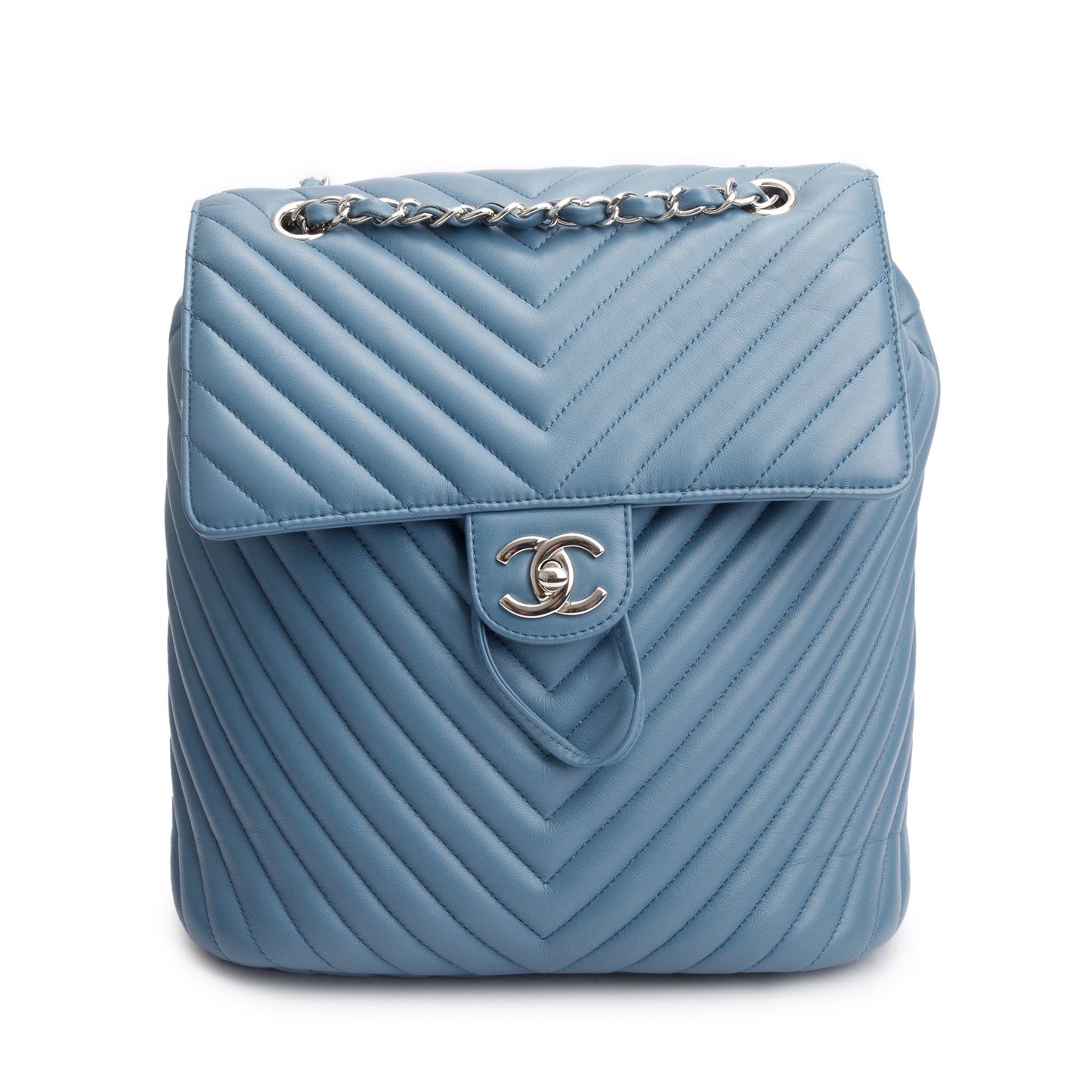 Chanel Chevron Quilted Urban Spirit Backpack Leather Lambskin Blue Travel Bag