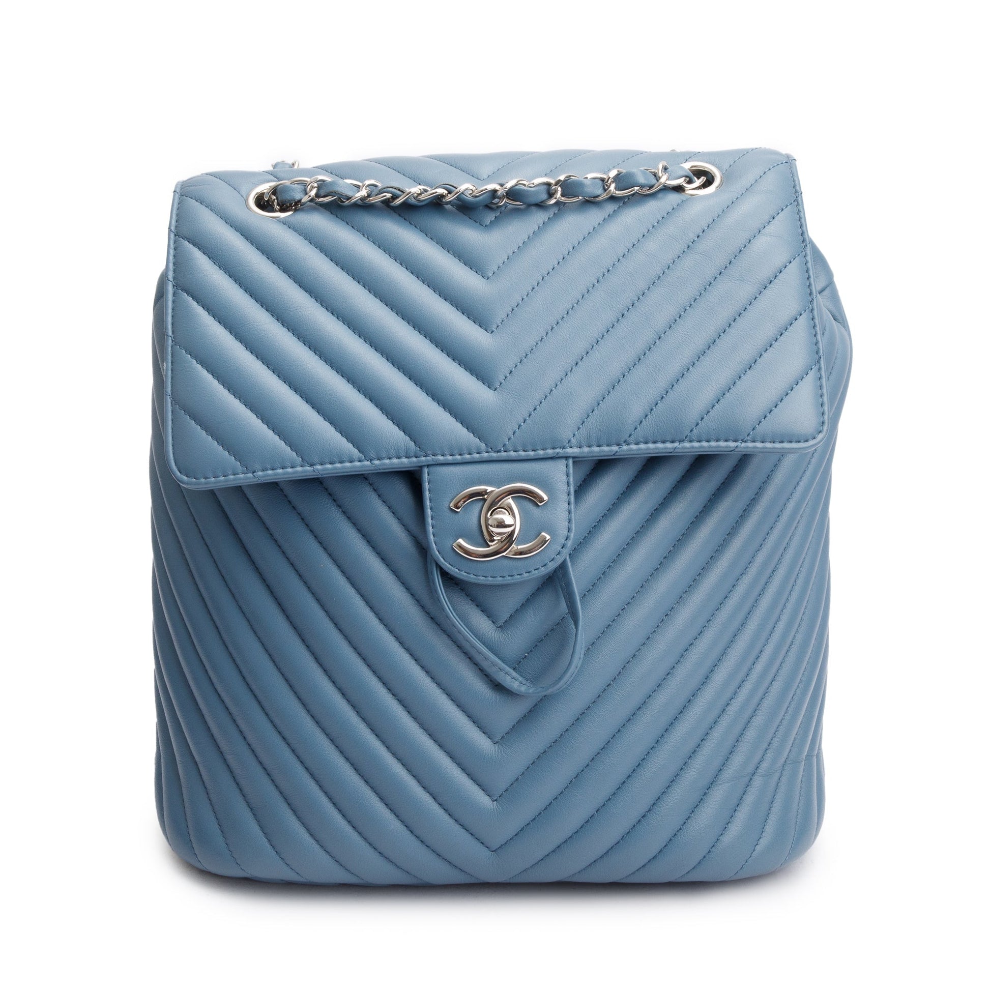 Chanel Chevron Quilted Urban Spirit Backpack Leather Lambskin Blue Travel Bag