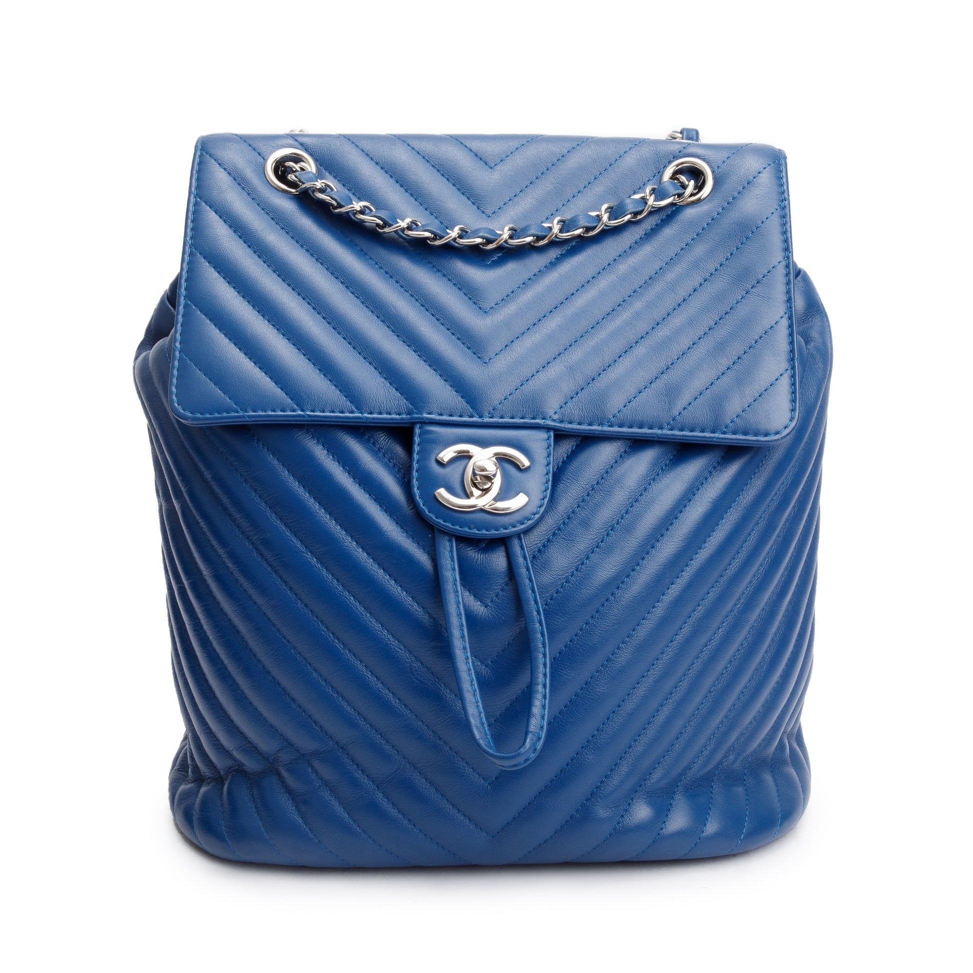 Chanel Chevron Quilted Urban Spirit Backpack Leather Lambskin Blue Travel Bag Authenticity Card