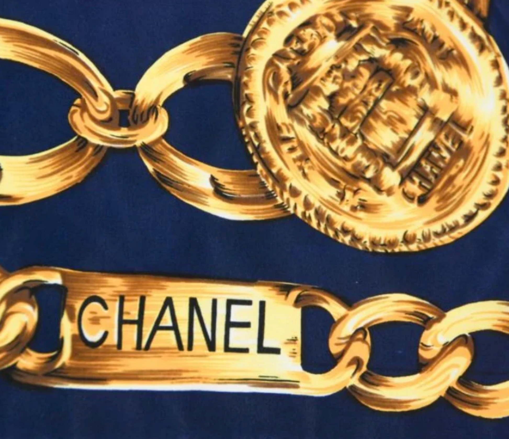 Chanel Silk Scarf Blue Gold Chain Links Bag