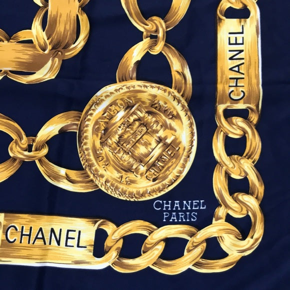 Chanel Silk Scarf Blue Gold Chain Links Handbag