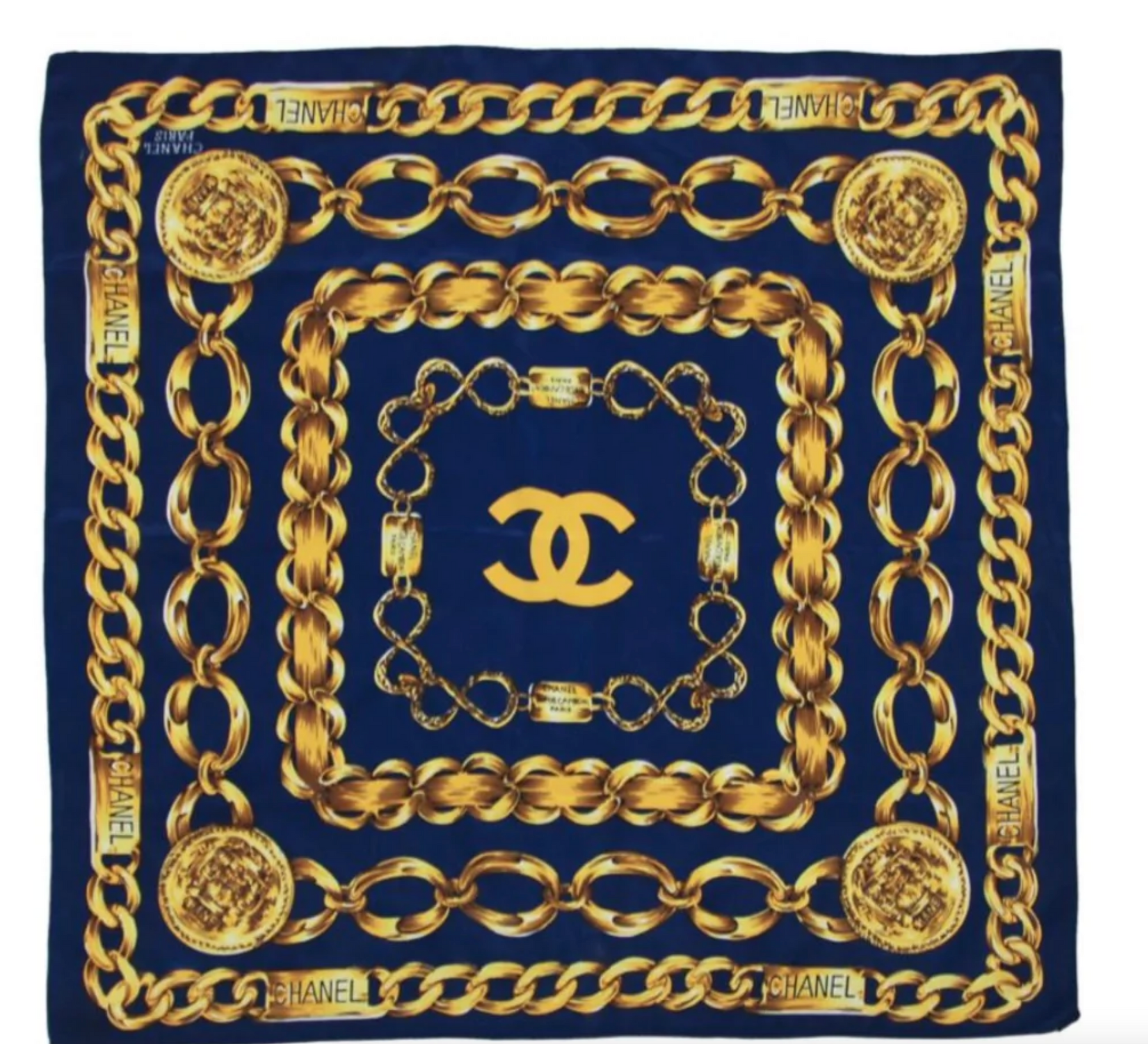 Chanel Silk Scarf Blue Gold Chain Links Handbag
