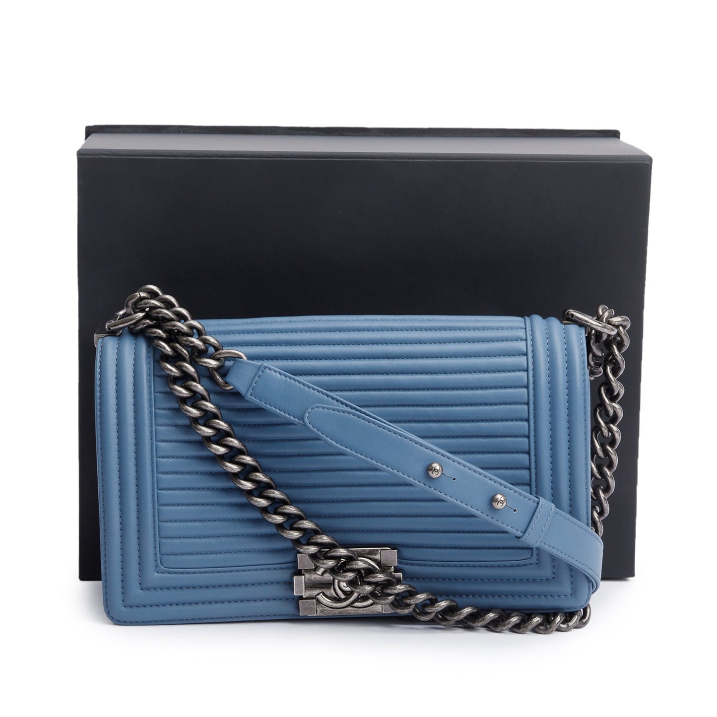 Chanel Horizontal Quilted Boy Leather Lambskin Blue Travel Bag