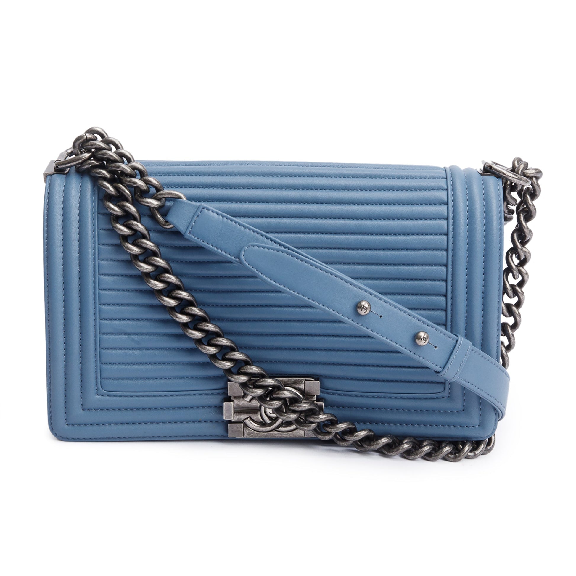 Chanel Horizontal Quilted Boy Leather Lambskin Blue Travel Bag