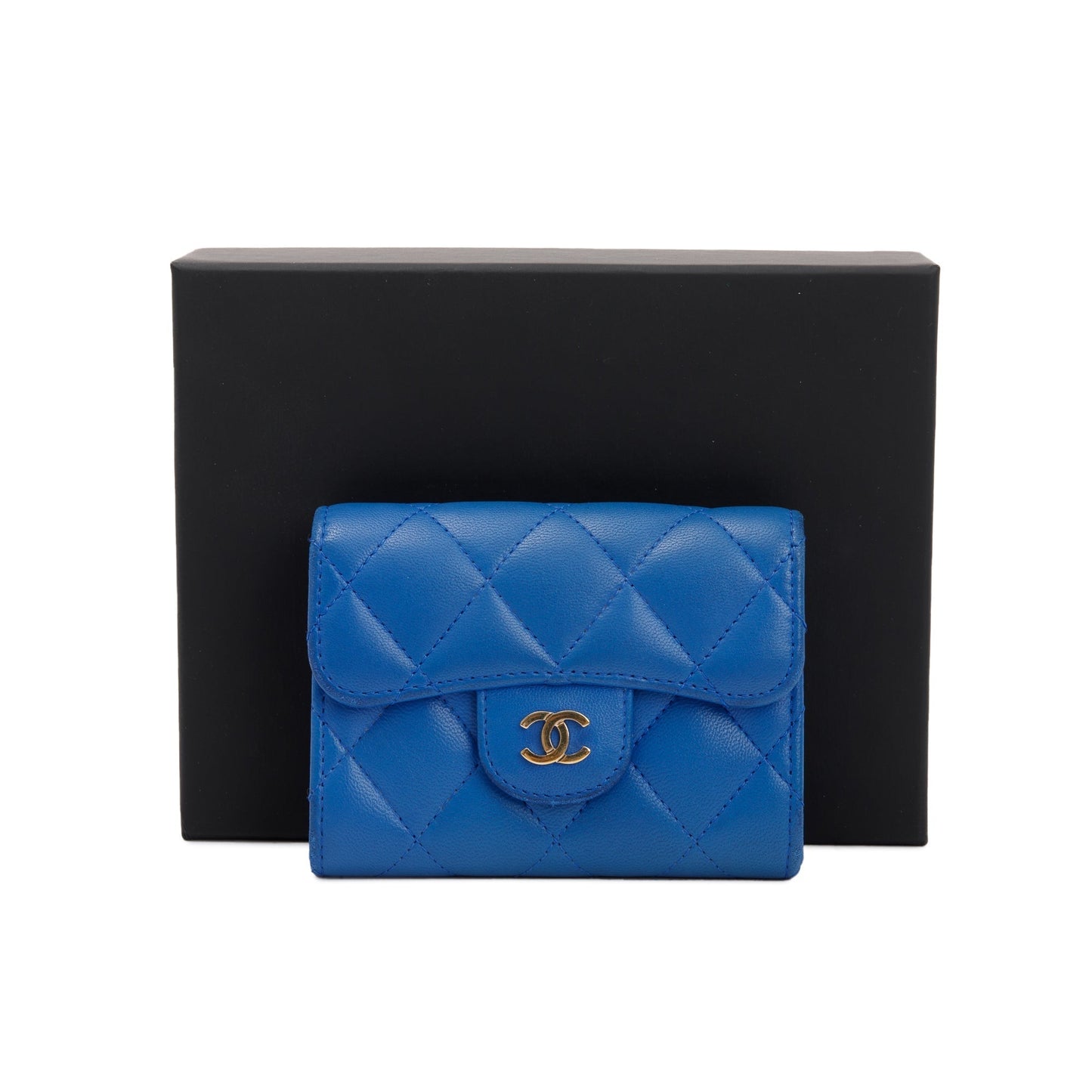Chanel Classic Flap Card Holder Leather Lambskin Blue Wallet Case