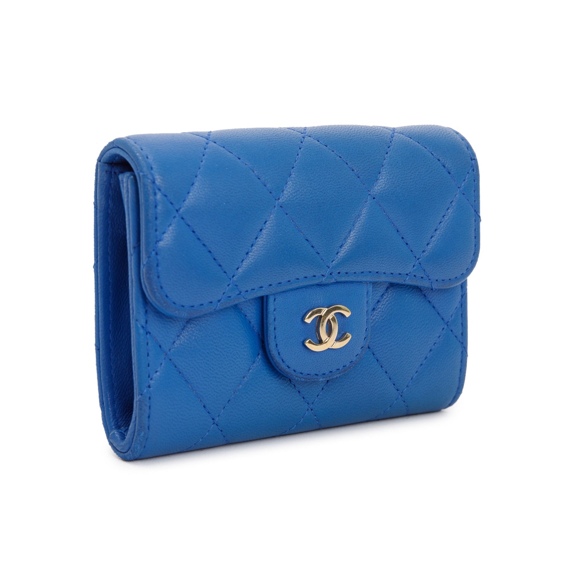 Chanel Classic Flap Card Holder Leather Lambskin Blue Wallet Case