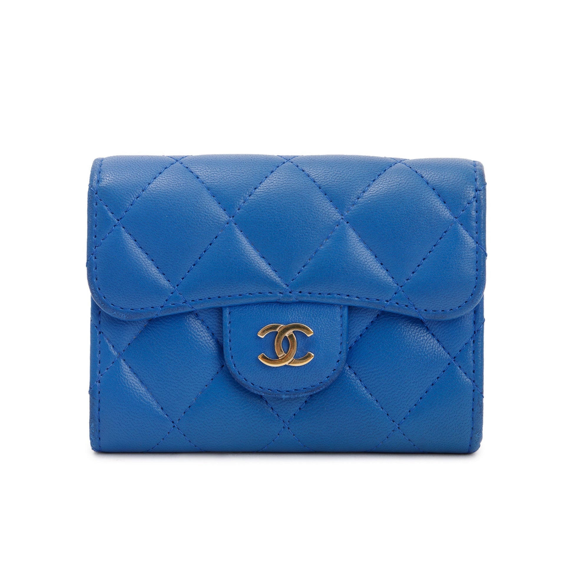 Chanel Classic Flap Card Holder Leather Lambskin Blue Wallet Case