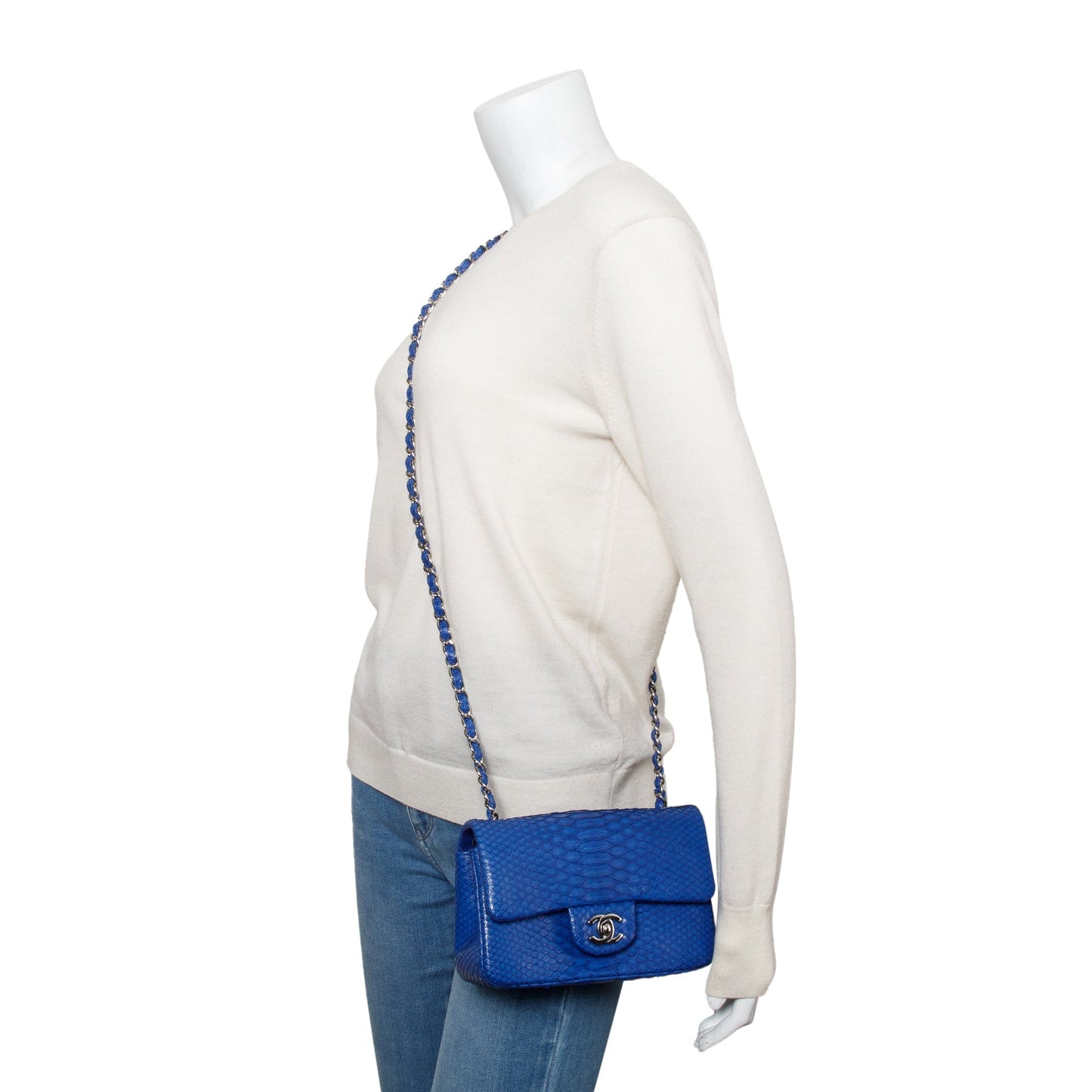 Chanel Python Classic Rectangular Flap Blue Travel Bag