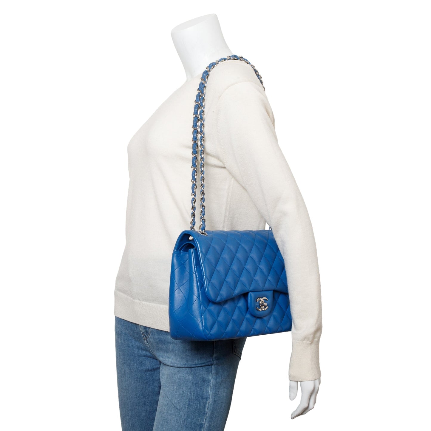 Chanel Quilted Classic Jumbo Double Flap Leather Lambskin Blue Travel Bag