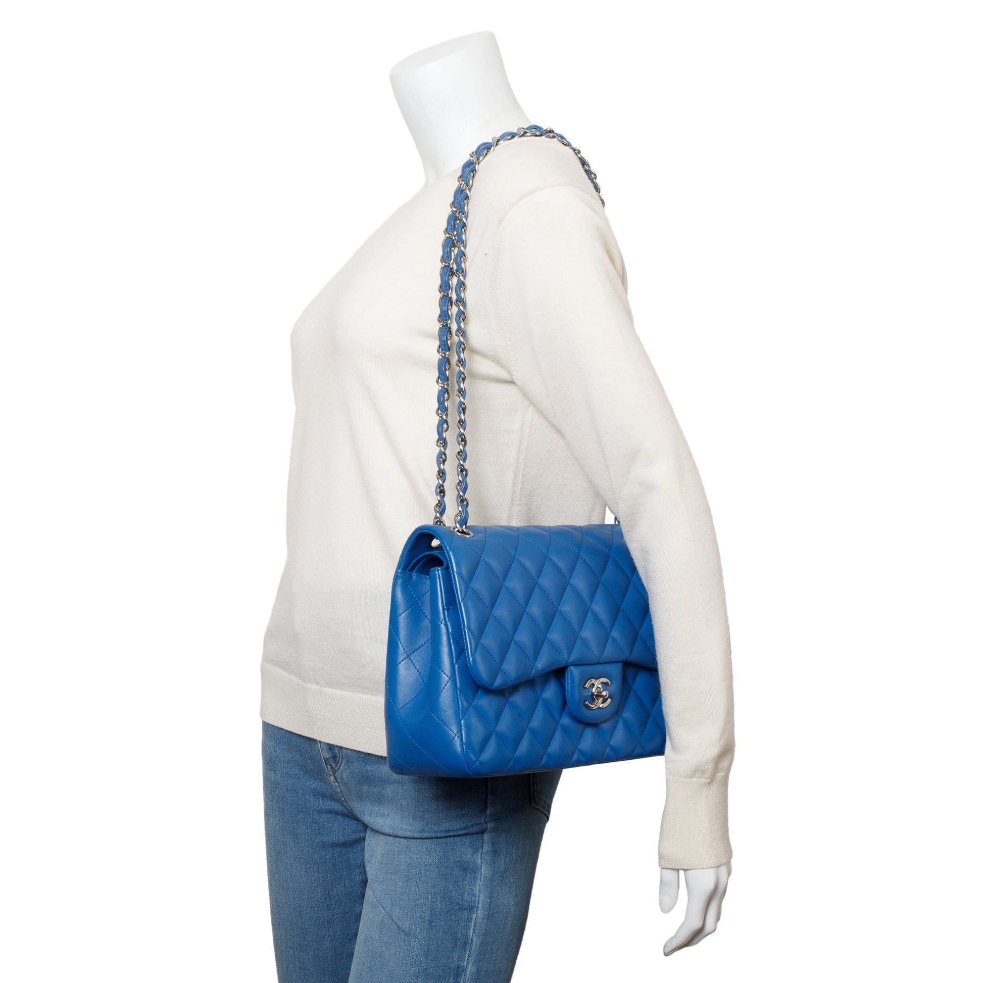 Chanel Quilted Classic Jumbo Double Flap Leather Lambskin Blue Travel Bag