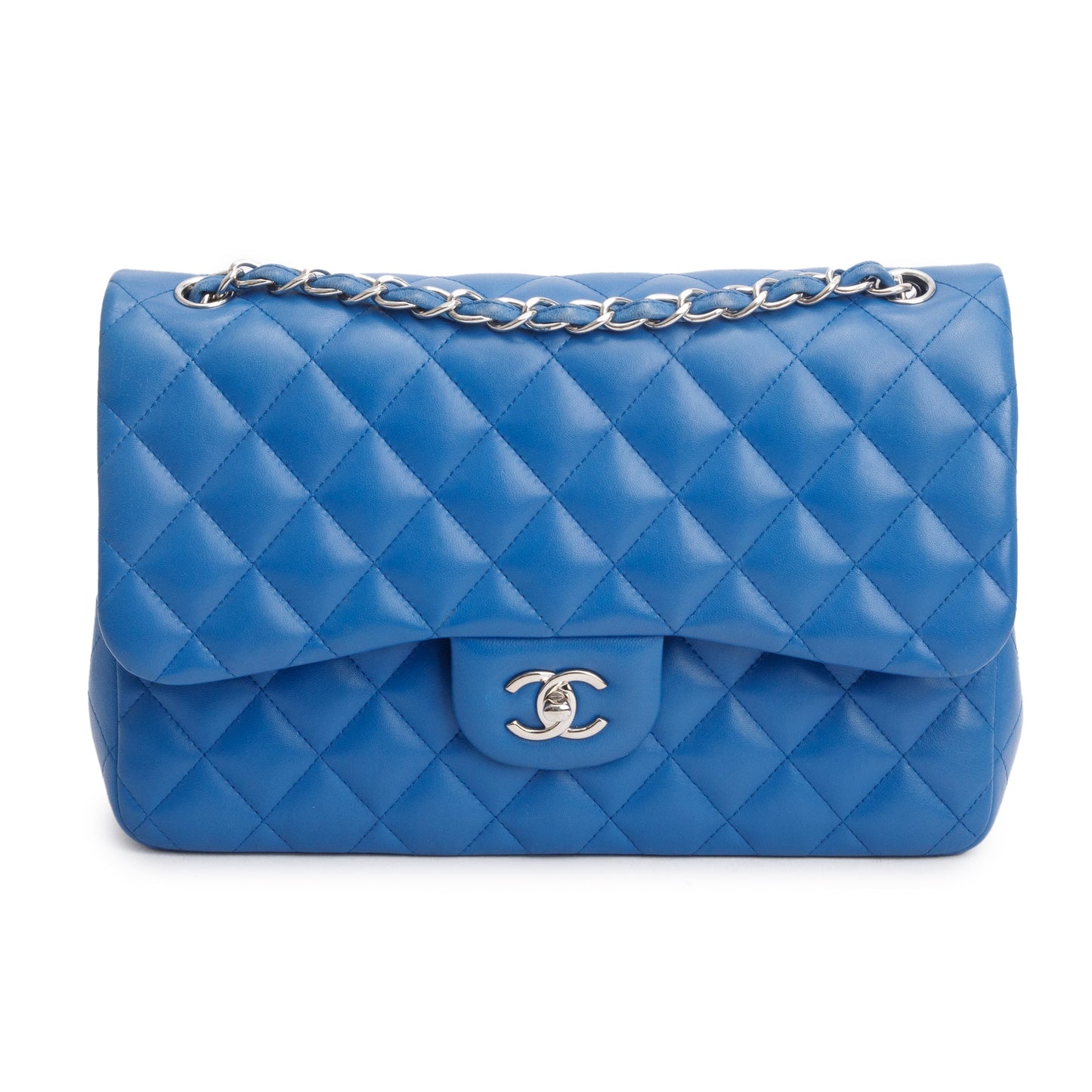 Chanel Quilted Classic Jumbo Double Flap Leather Lambskin Blue Travel Bag