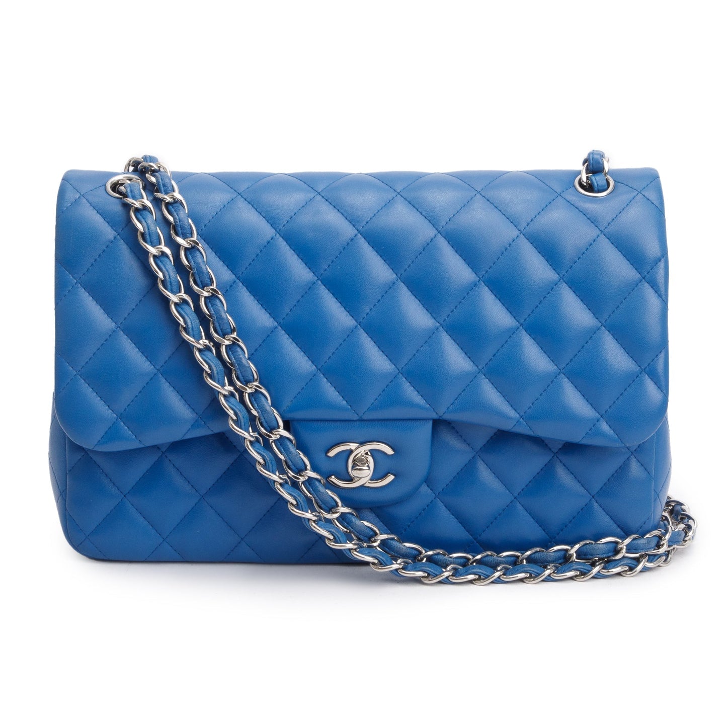 Chanel Quilted Classic Jumbo Double Flap Leather Lambskin Blue Travel Bag
