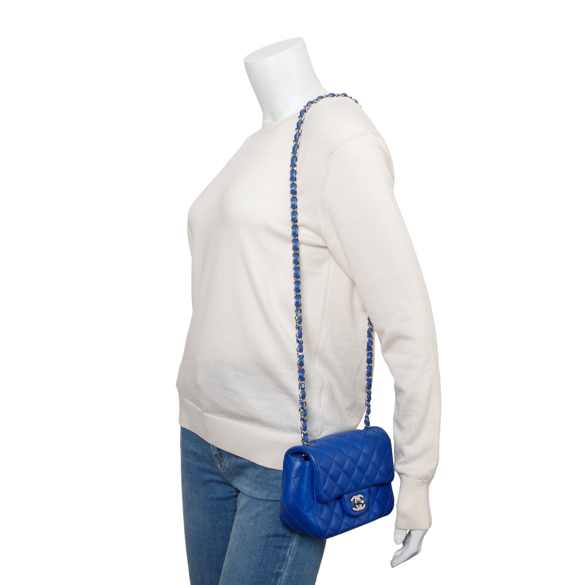 Chanel Quilted Classic Square Flap Leather Lambskin Blue Travel Bag