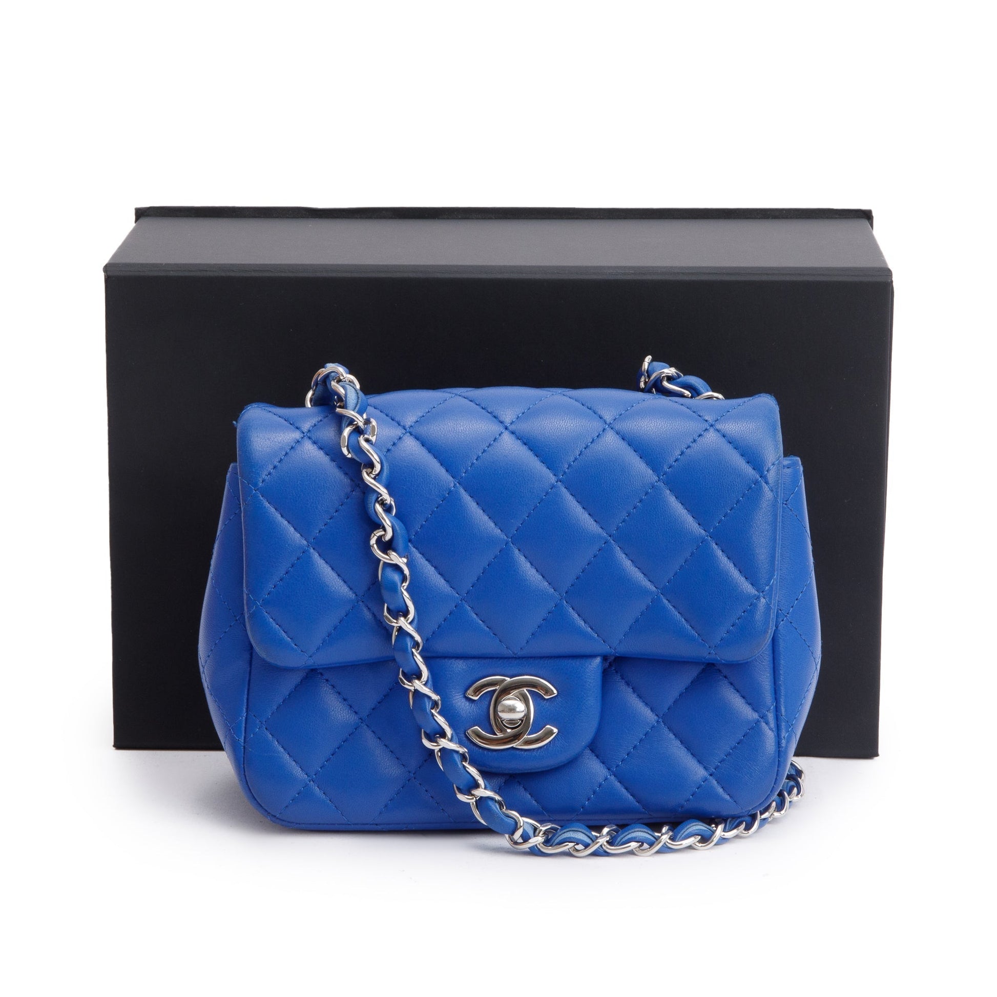 Chanel Quilted Classic Square Flap Leather Lambskin Blue Travel Bag