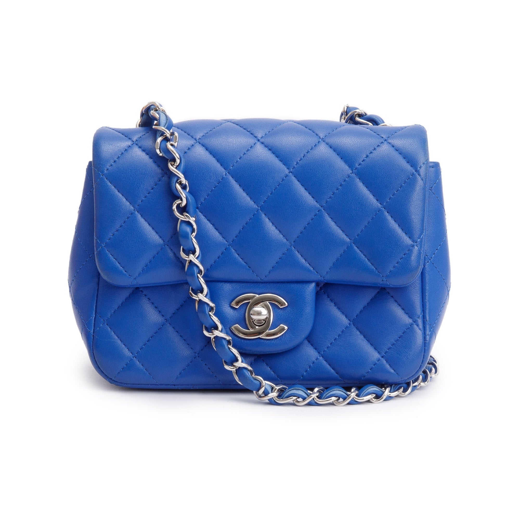 Chanel Quilted Classic Square Flap Leather Lambskin Blue Travel Bag