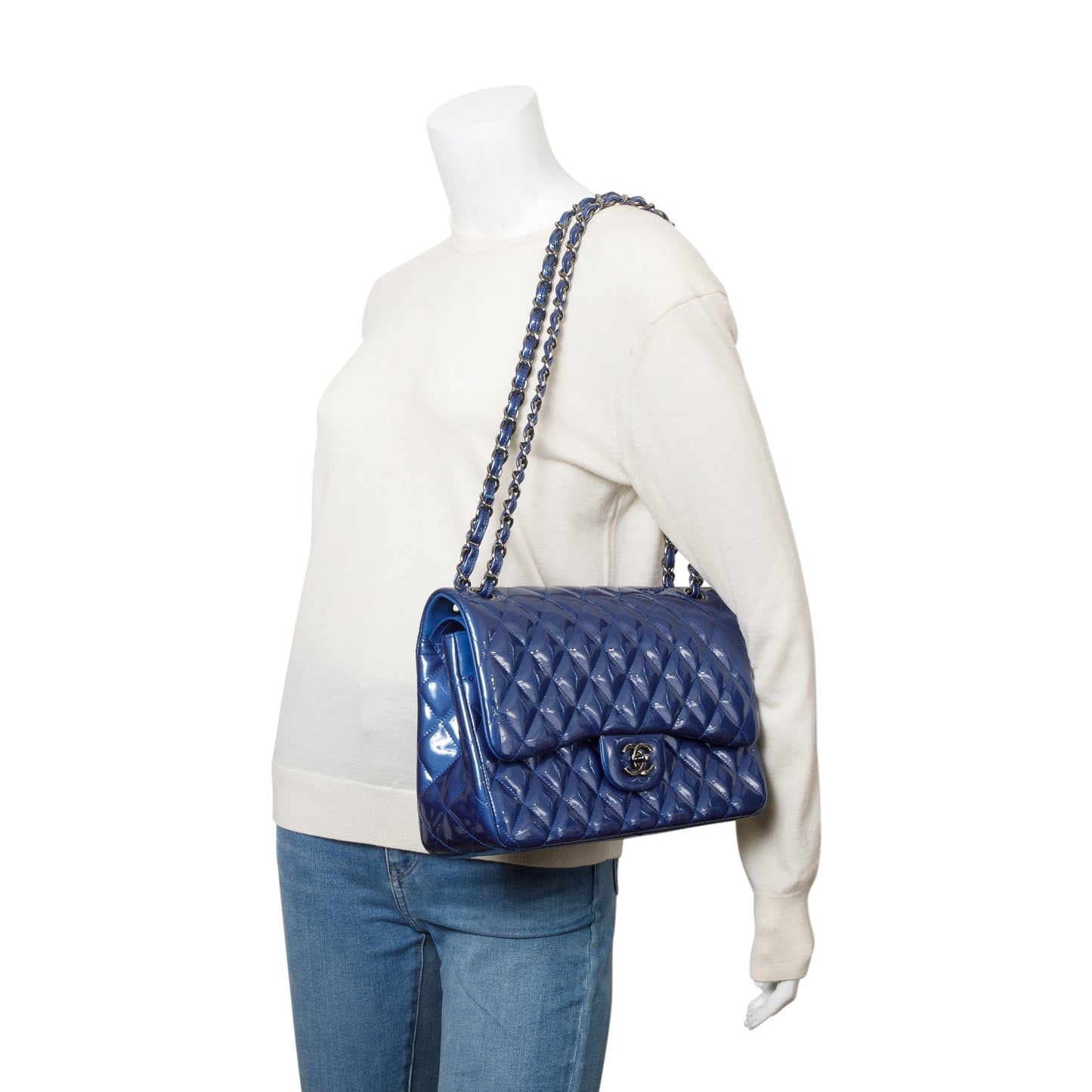 Chanel Quilted Patent Classic Jumbo Double Leather Blue Travel Bag