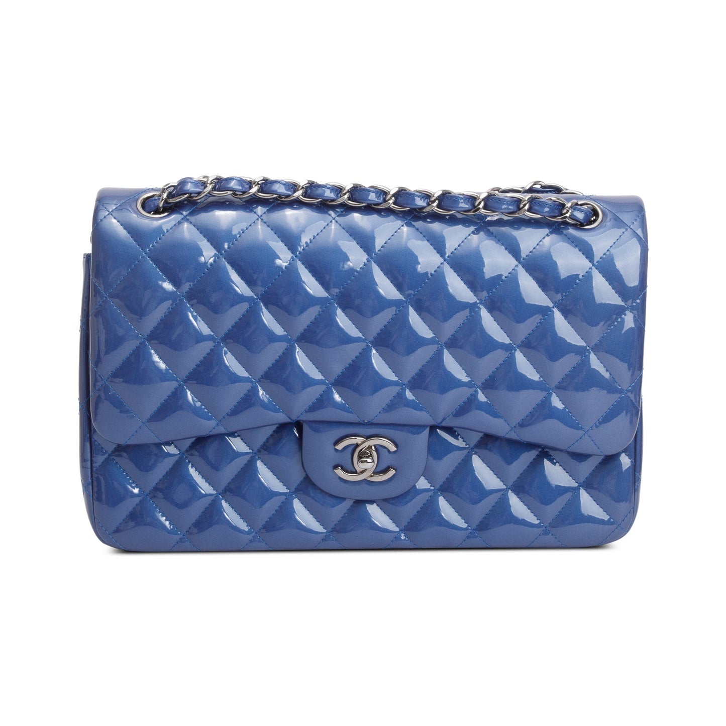 Chanel Quilted Patent Classic Jumbo Double Leather Blue Travel Bag