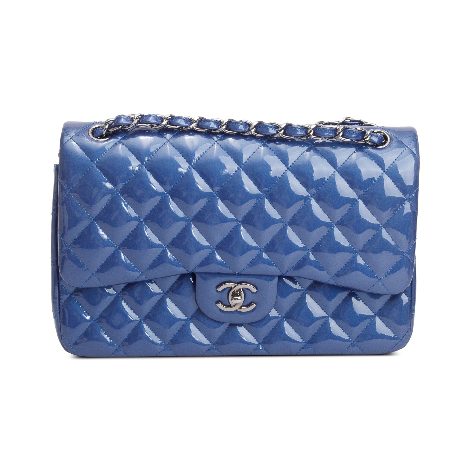 Chanel Quilted Patent Classic Jumbo Double Leather Blue Travel Bag