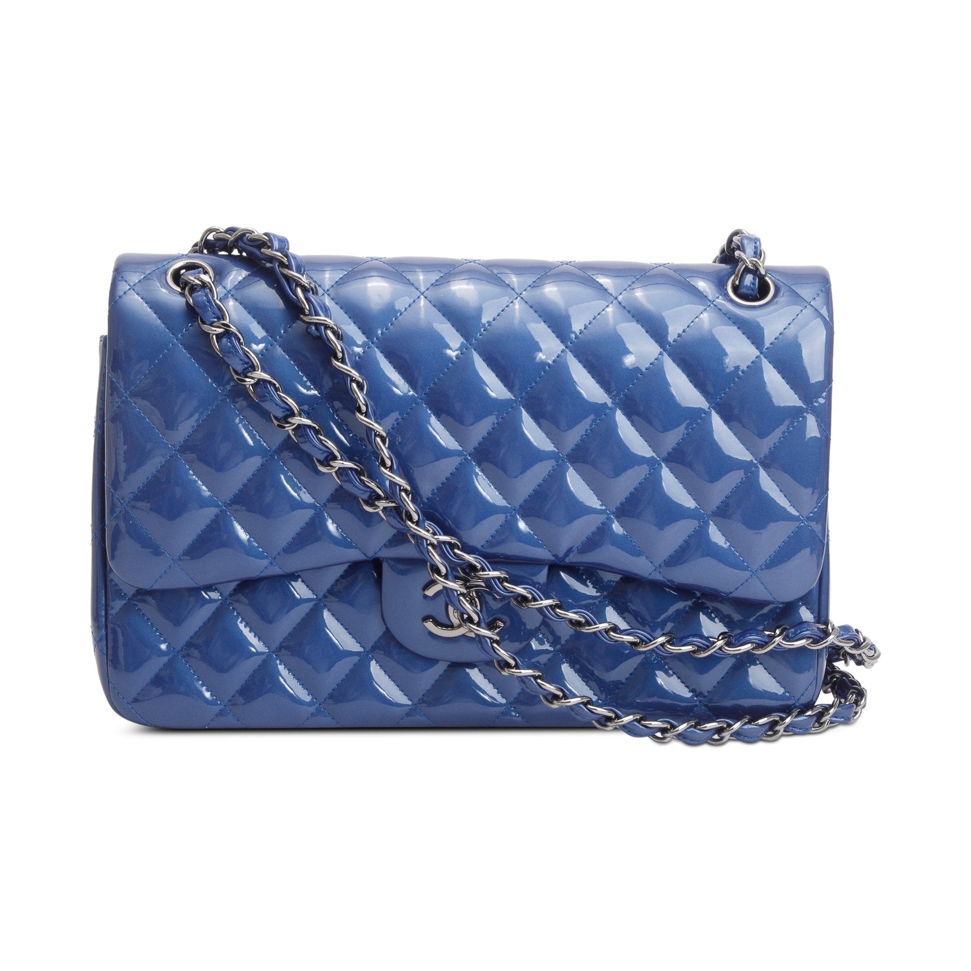 Chanel Quilted Patent Classic Jumbo Double Leather Blue Travel Bag
