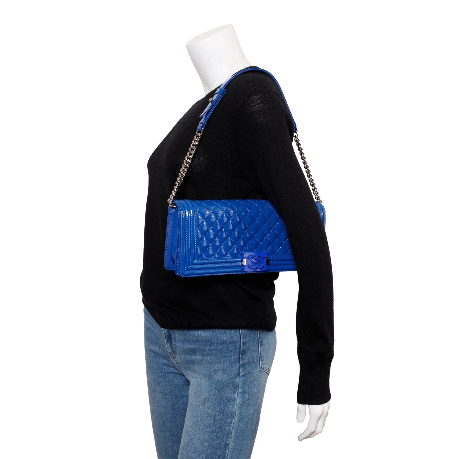 Chanel Quilted Patent Plexiglass Boy Convertible Leather Blue Travel Bag