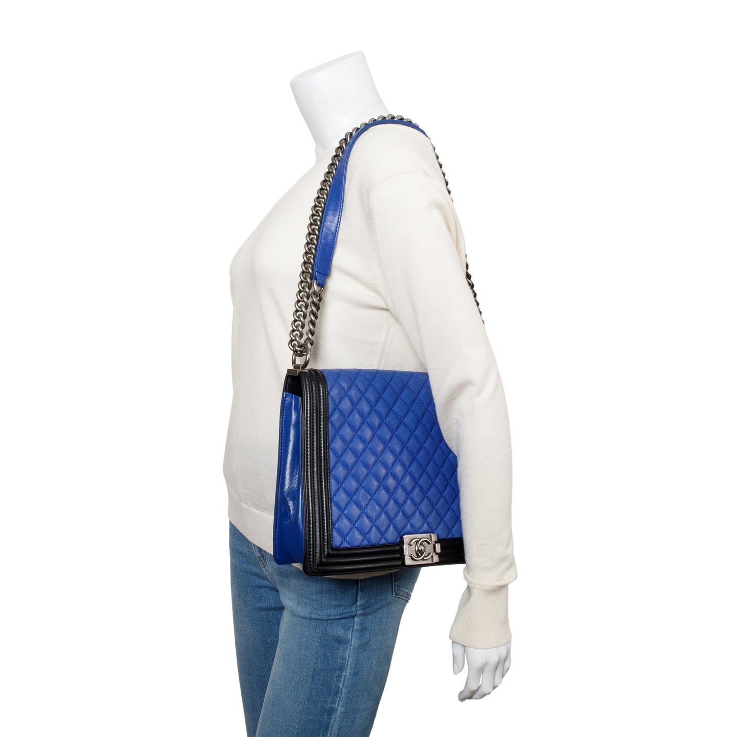 Chanel Quilted XL Boy Leather Lambskin Black Blue Travel Bag