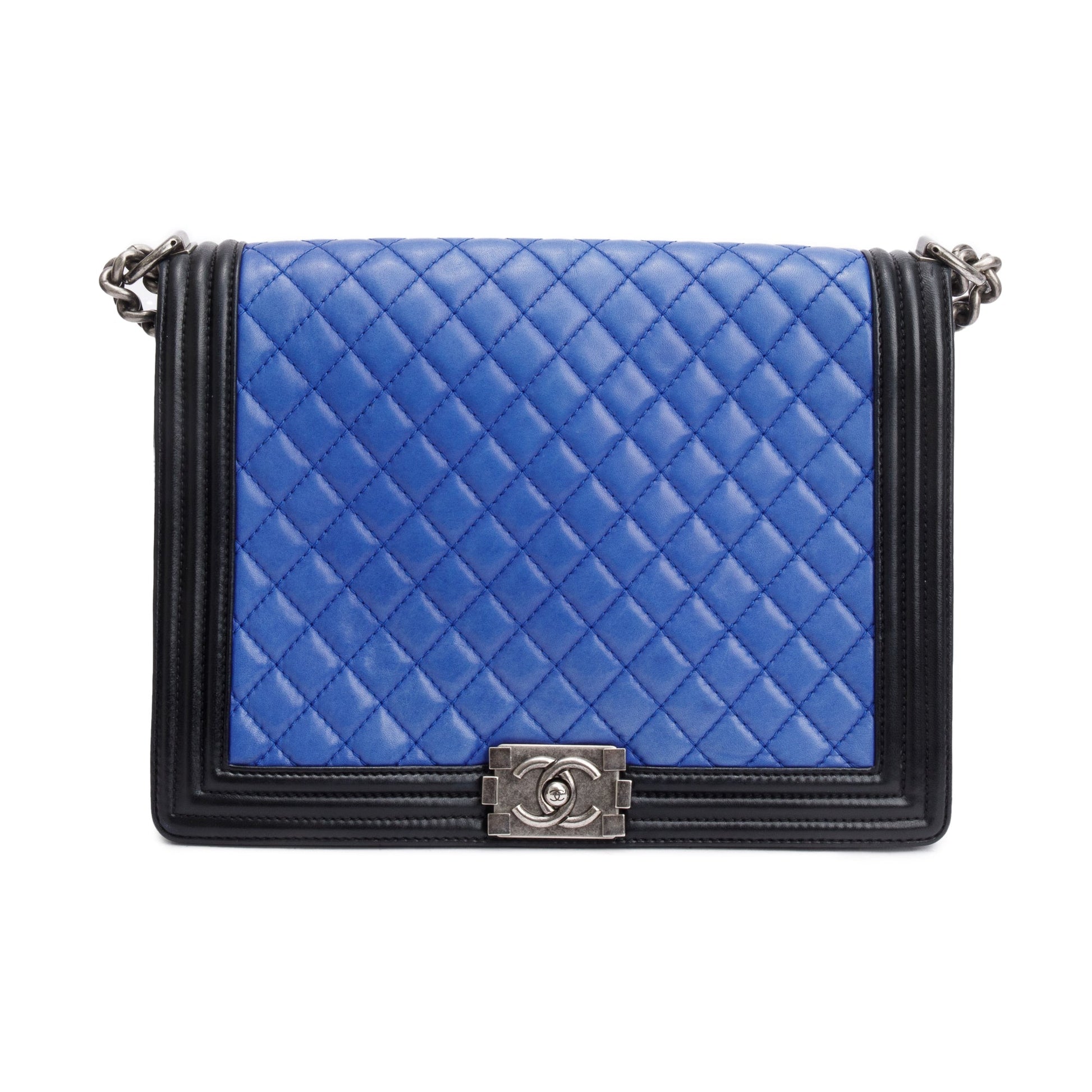 Chanel Quilted XL Boy Leather Lambskin Black Blue Travel Bag