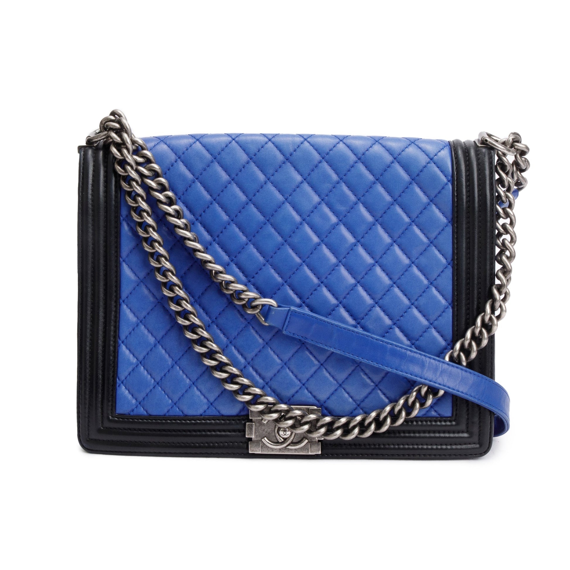 Chanel Quilted XL Boy Leather Lambskin Black Blue Travel Bag