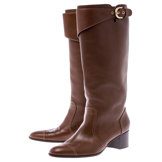 CHANEL CC LEATHER CAP TOE BLOCK HEEL KNEE HIGH RIDING BOOTS