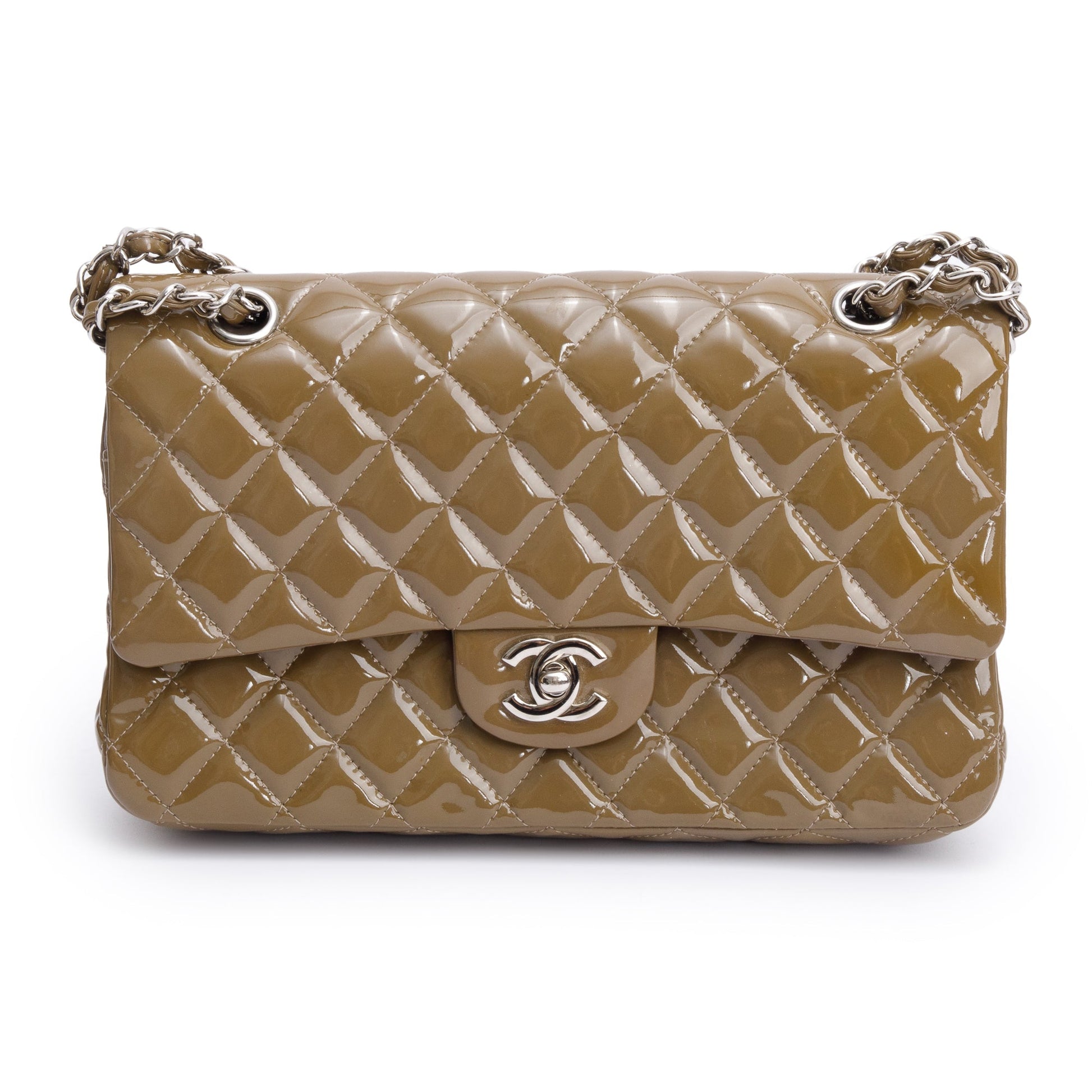 Chanel Quilted Patent Classic Double Flap Leather Brown Travel Bag