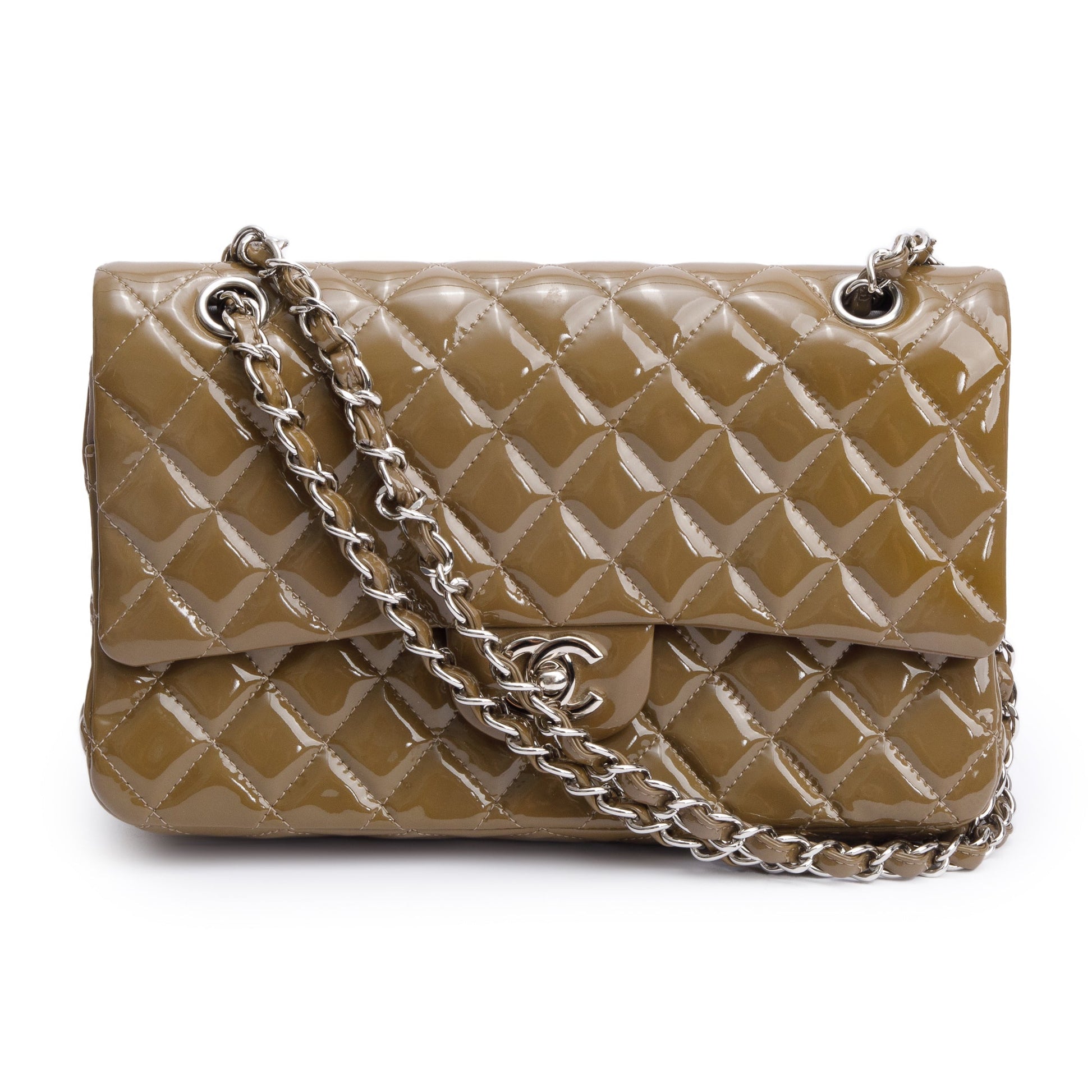 Chanel Quilted Patent Classic Double Flap Leather Brown Travel Bag