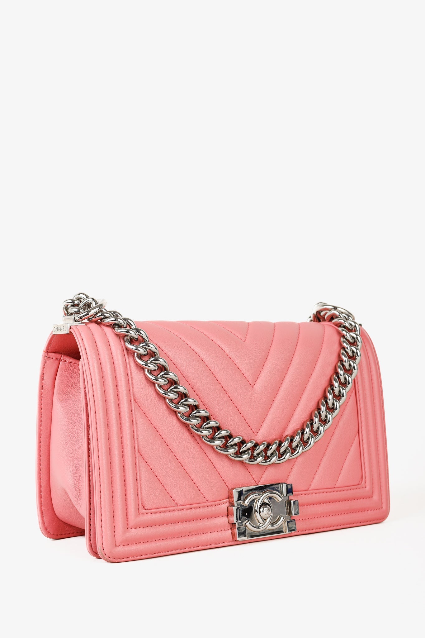 Chanel Boy Medium Pink Calfskin Chevron Flap Shoulder Bag