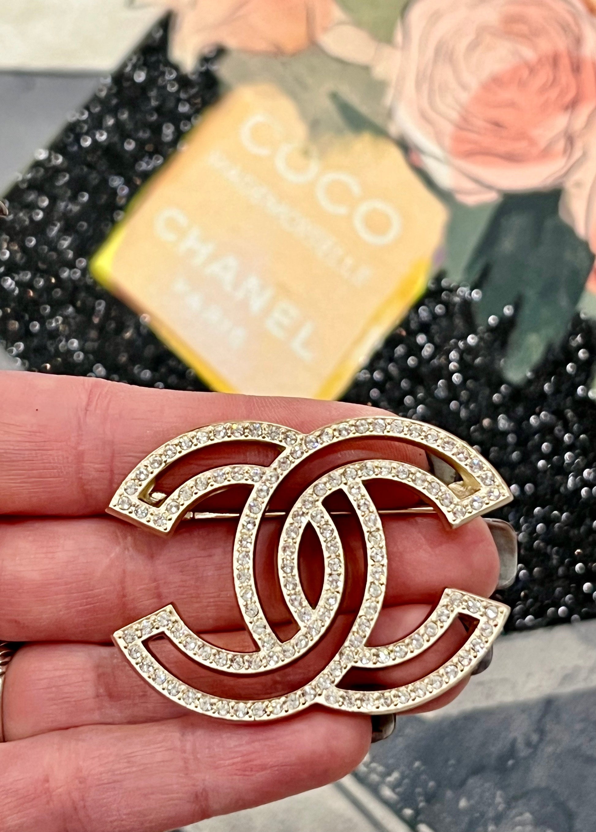 Chanel Cc Rhinestone & Gold Toned Brooch