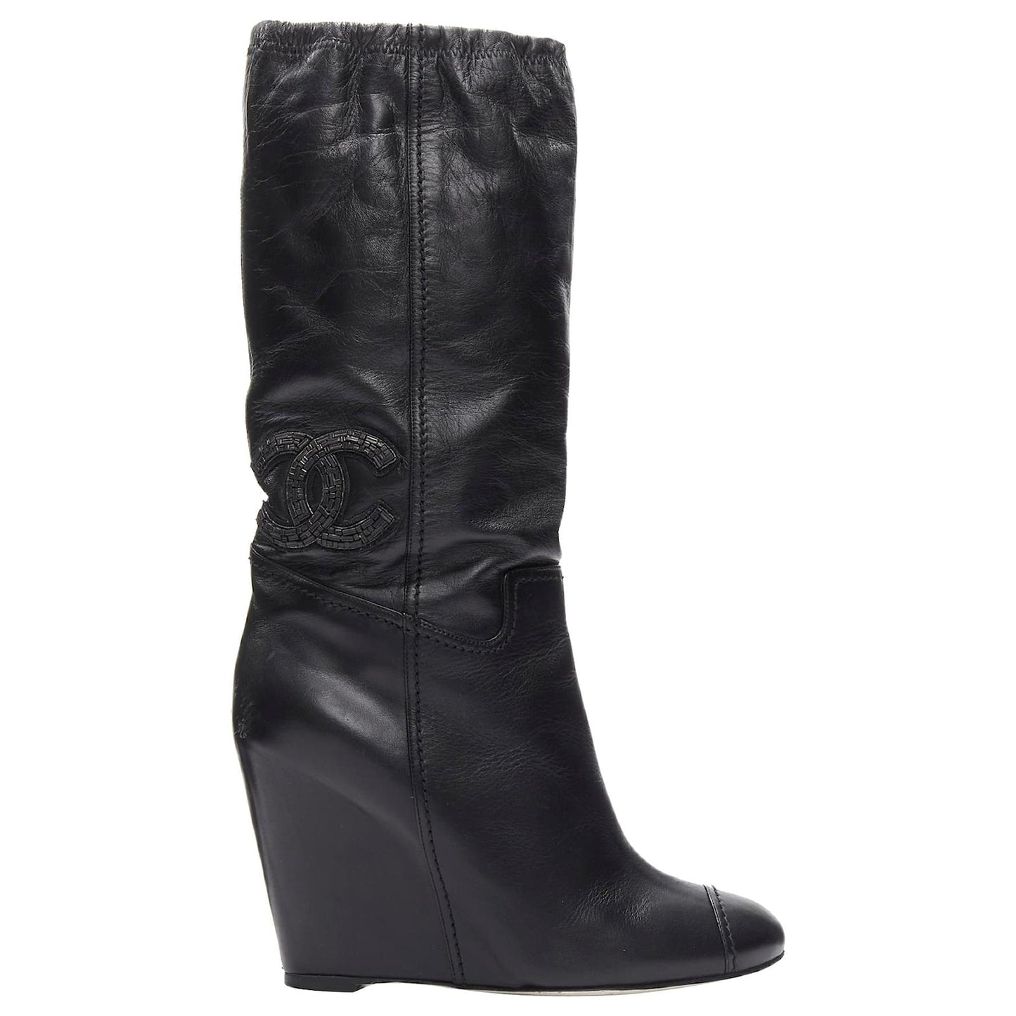 Chanel CC Crystal Embellished Lambskin Leather Wedge Heel Boots for Women