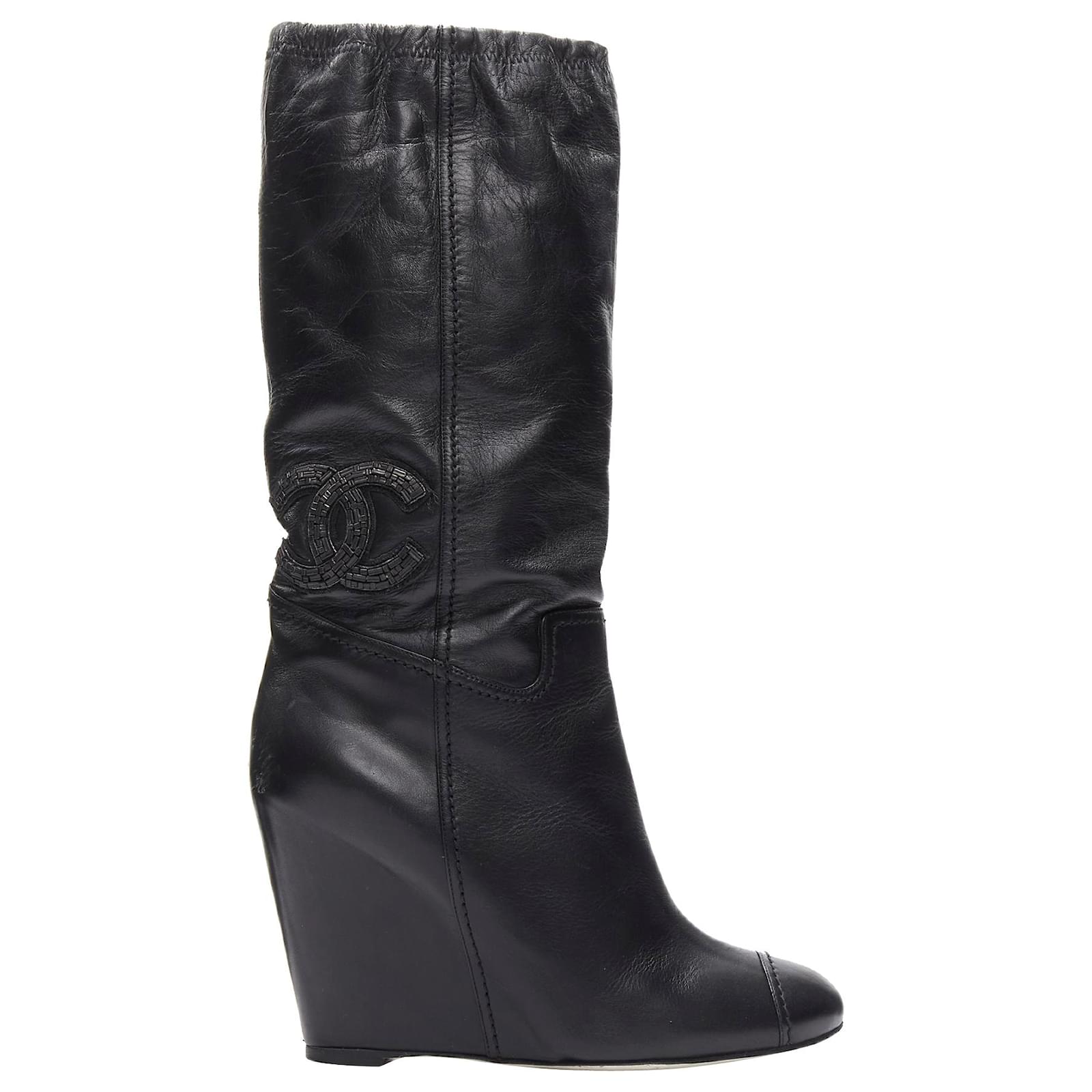 Chanel CC Crystal Embellished Lambskin Leather Wedge Heel Boots for Women