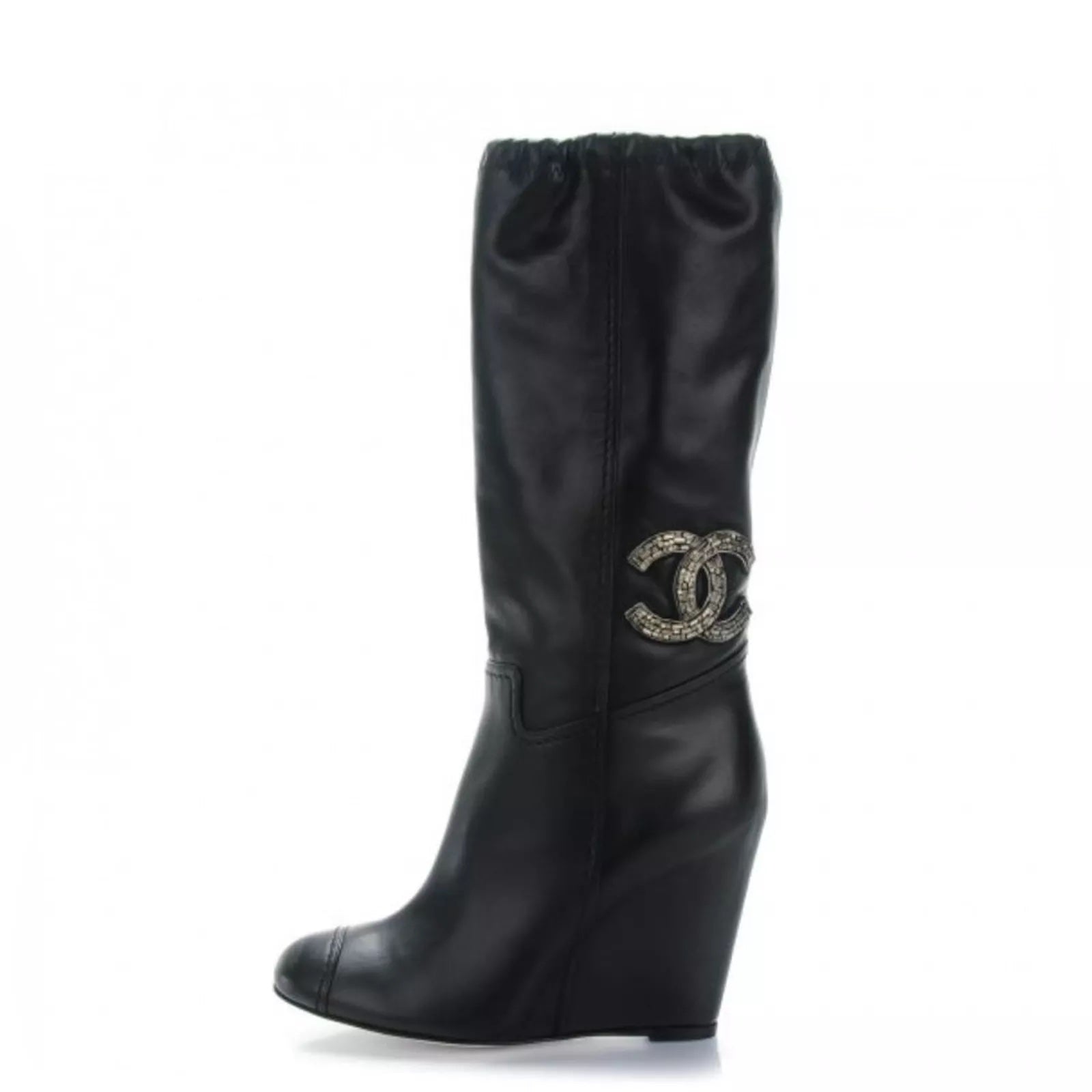 CHANEL CC CRYSTAL EMBELLISHED LAMBSKIN LEATHER WEDGE HEEL BOOTS
