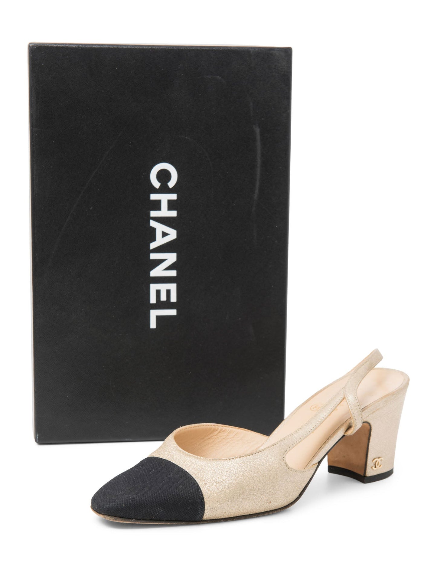 Chanel CC Logo Cap Toe Slingback Heels Gold Black