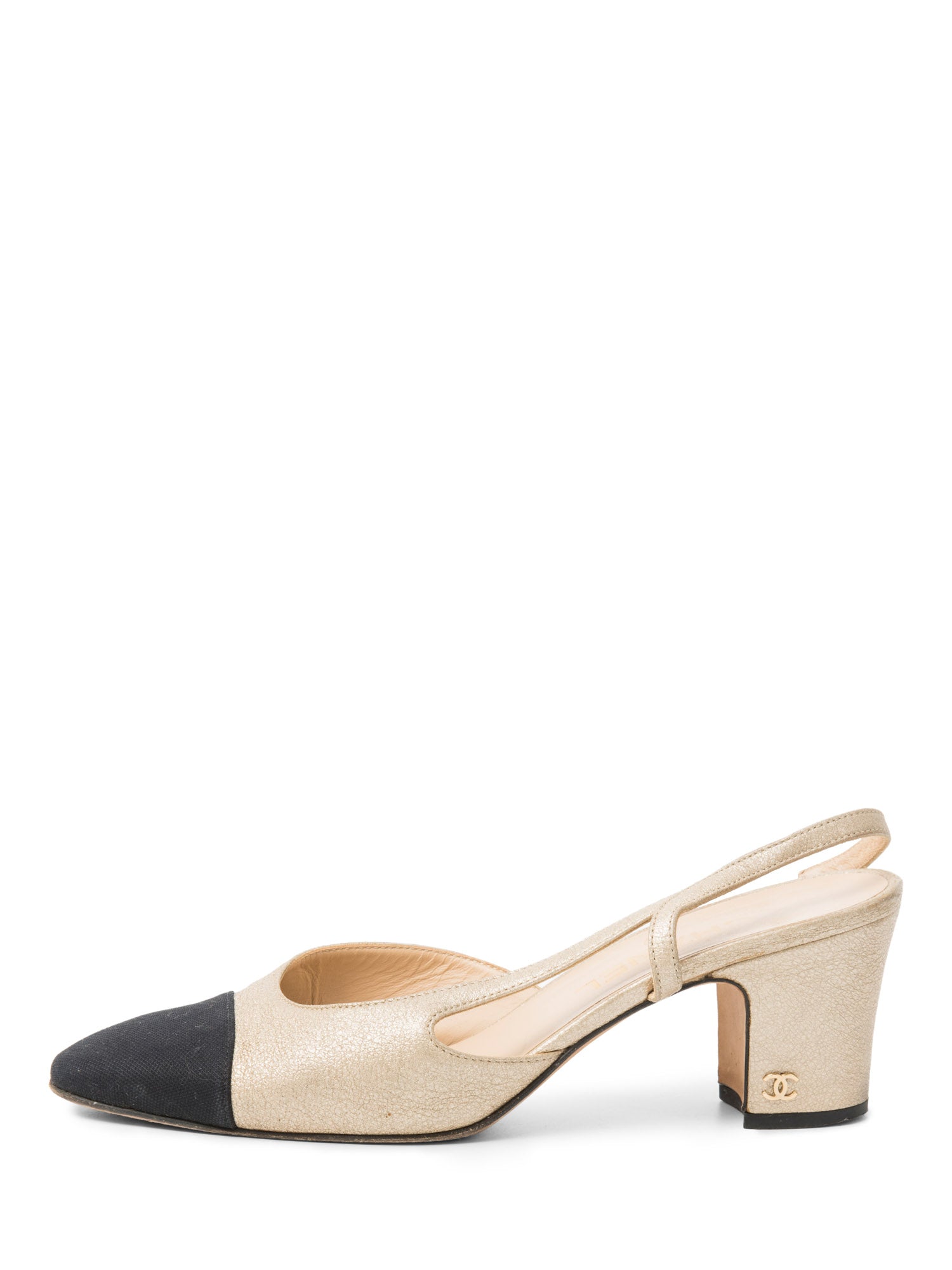 Chanel CC Logo Cap Toe Slingback Heels Gold Black